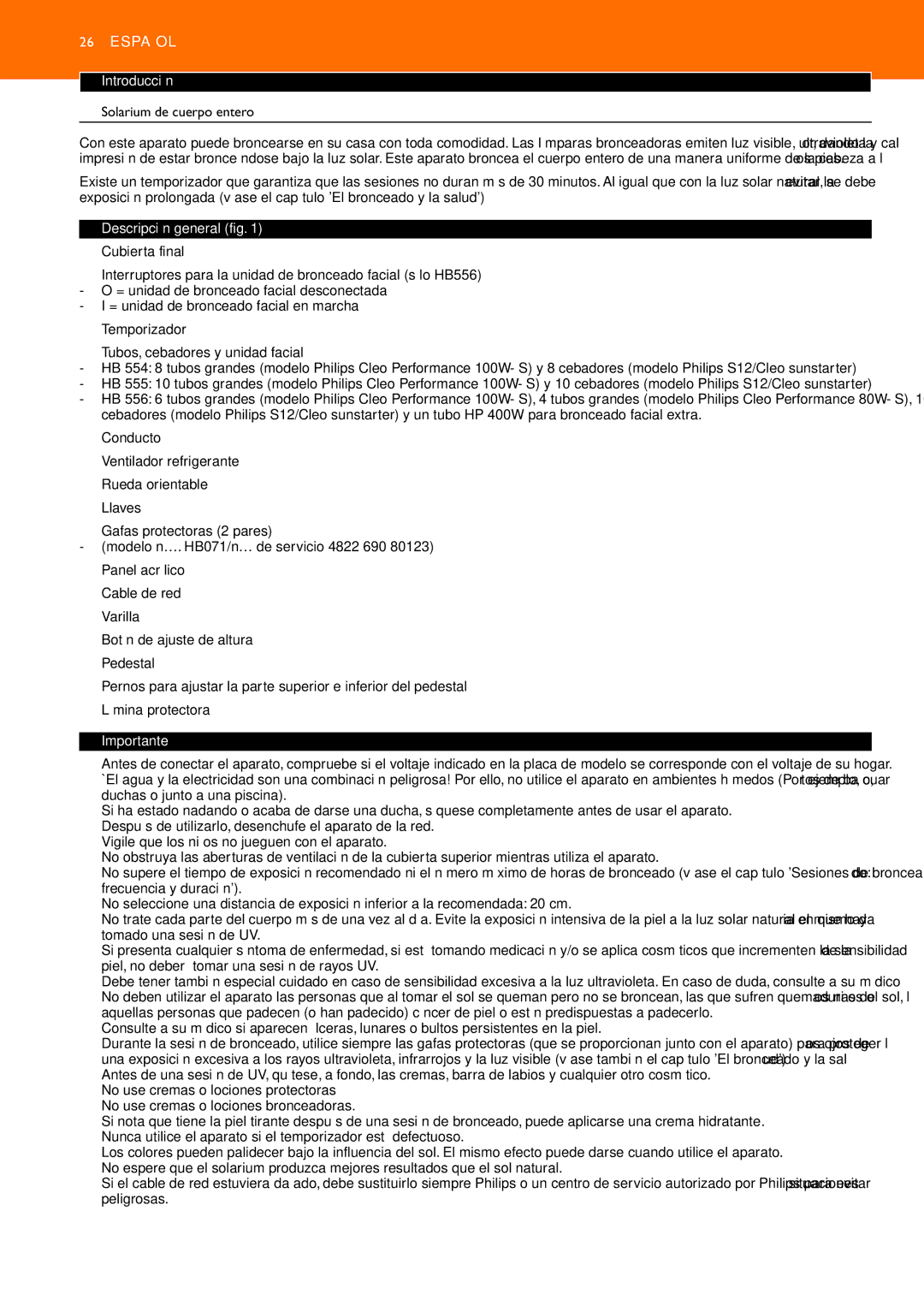 Philips HB554, HB556, HB555 manual Español, Introducción, Solarium de cuerpo entero, Descripción general fig, Importante 