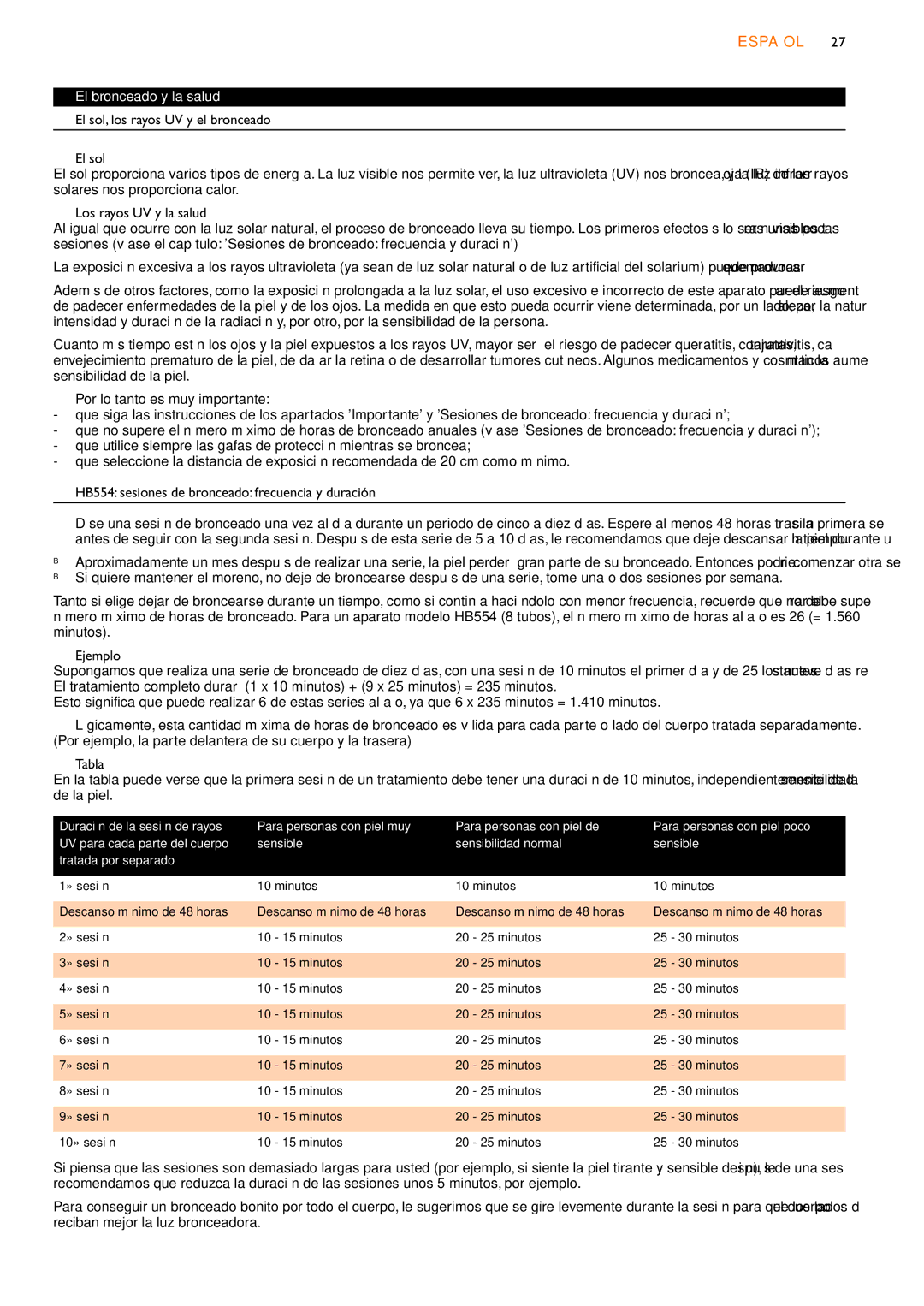 Philips HB556, HB555, HB554 manual Español, El bronceado y la salud 