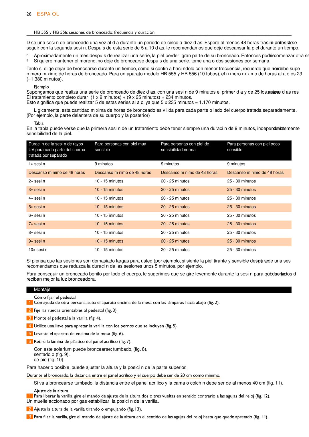 Philips HB555, HB556, HB554 manual HB 555 y HB 556 sesiones de bronceado frecuencia y duración, Montaje 