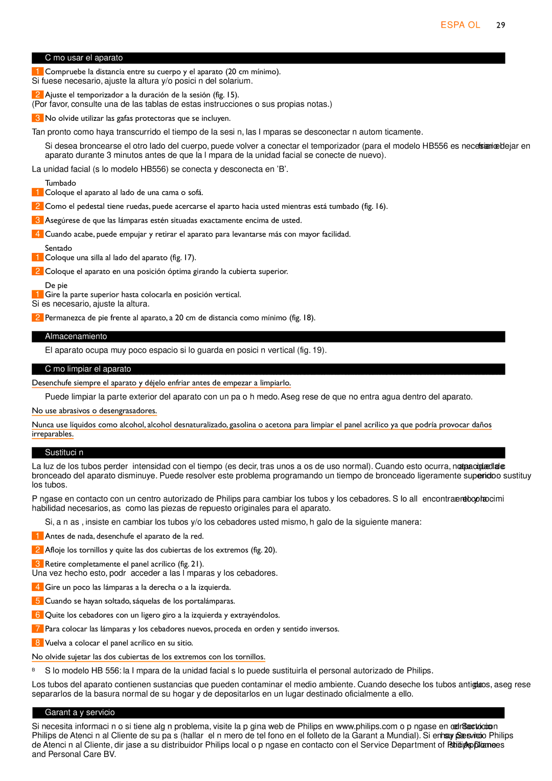 Philips HB554, HB556, HB555 Cómo usar el aparato, Almacenamiento, Cómo limpiar el aparato, Sustitución, Garantía y servicio 