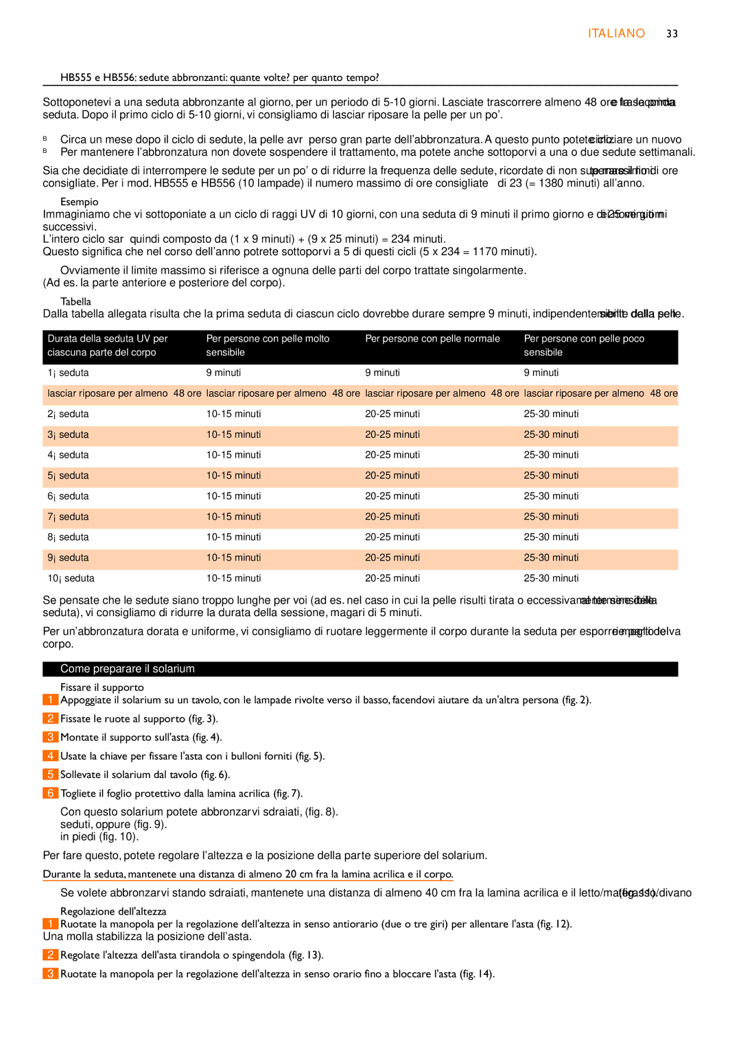 Philips HB556, HB555, HB554 manual Come preparare il solarium, Durata della seduta UV per Per persone con pelle molto 