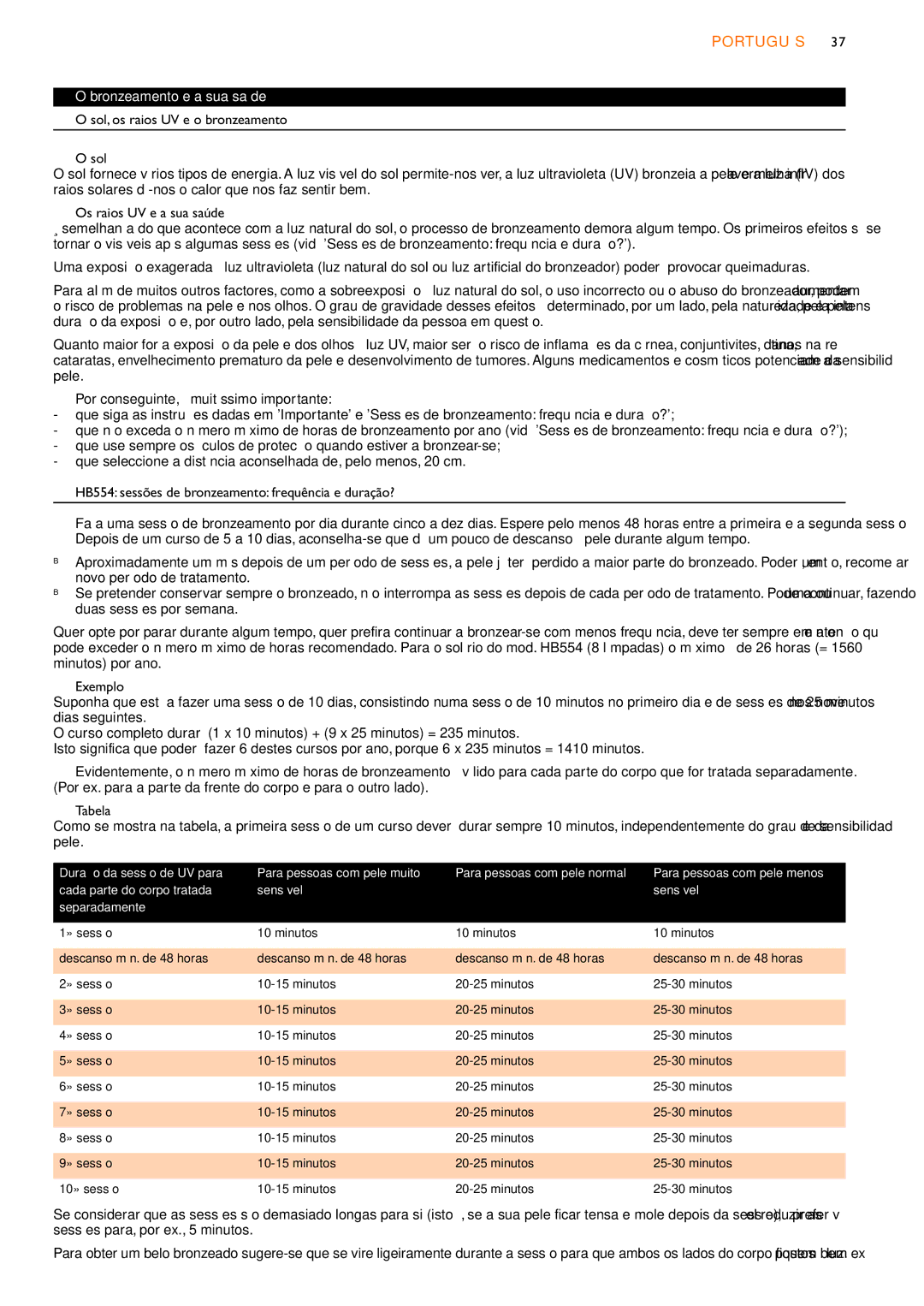 Philips HB555, HB556, HB554 Português, Bronzeamento e a sua saúde, Duração da sessão de UV para Para pessoas com pele muito 