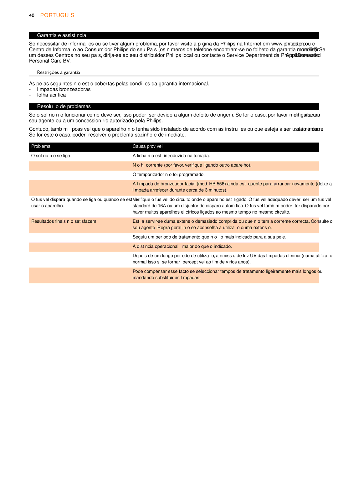 Philips HB555, HB556, HB554 manual Garantia e assistência, Resolução de problemas, Problema Causa provável 