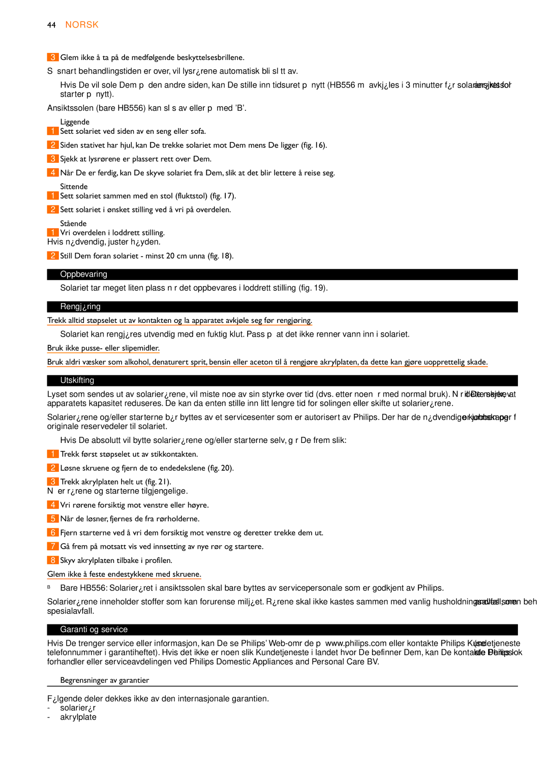 Philips HB554 manual Still Dem foran solariet minst 20 cm unna fig, Oppbevaring, Rengjøring, Utskifting, Garanti og service 
