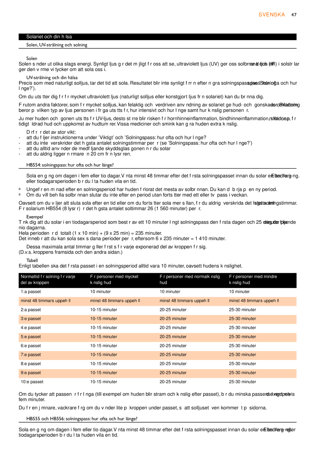 Philips HB554, HB556, HB555 manual Svenska, Solariet och din hälsa, Normaltid för solning för varje För personer med mycket 