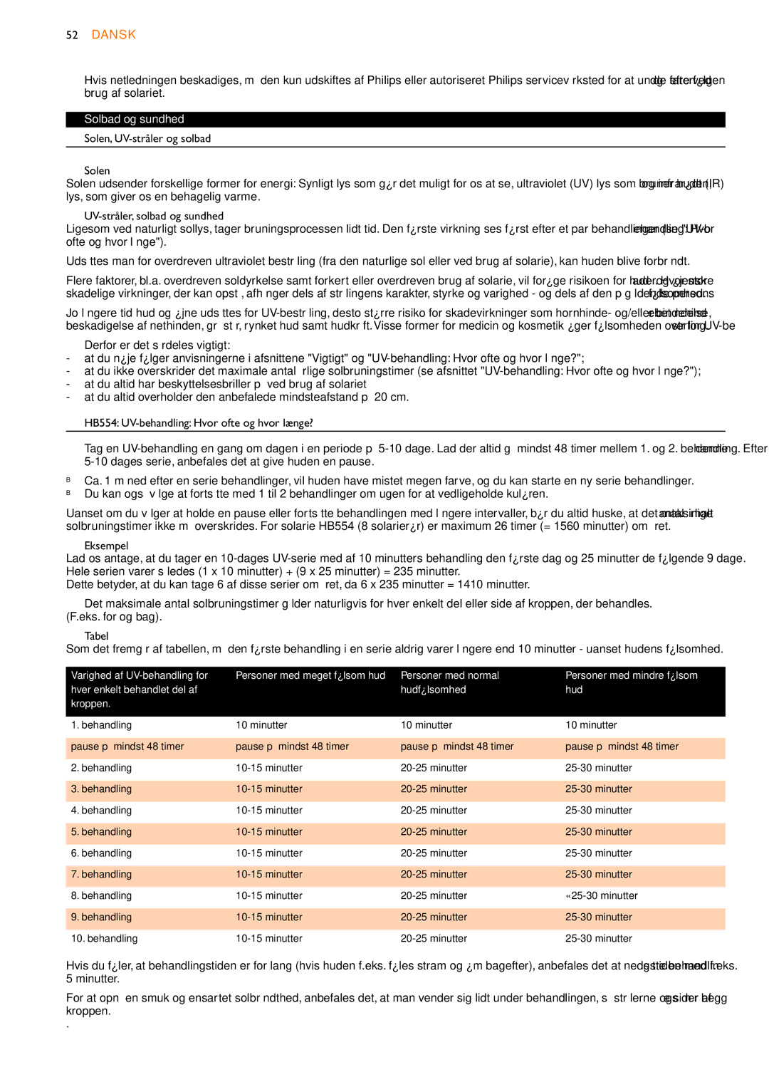 Philips HB555, HB556, HB554 manual Dansk, Solbad og sundhed Solen, UV-stråler og solbad, Varighed af UV-behandling for 