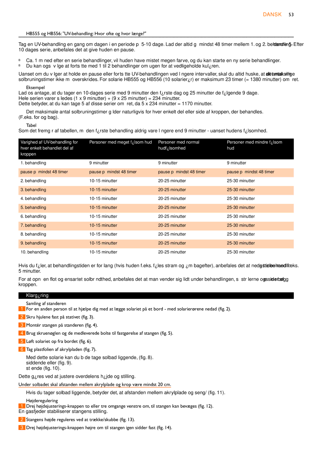 Philips HB554, HB556, HB555 manual Klargøring, Behandling Minutter Pause på mindst 48 timer 