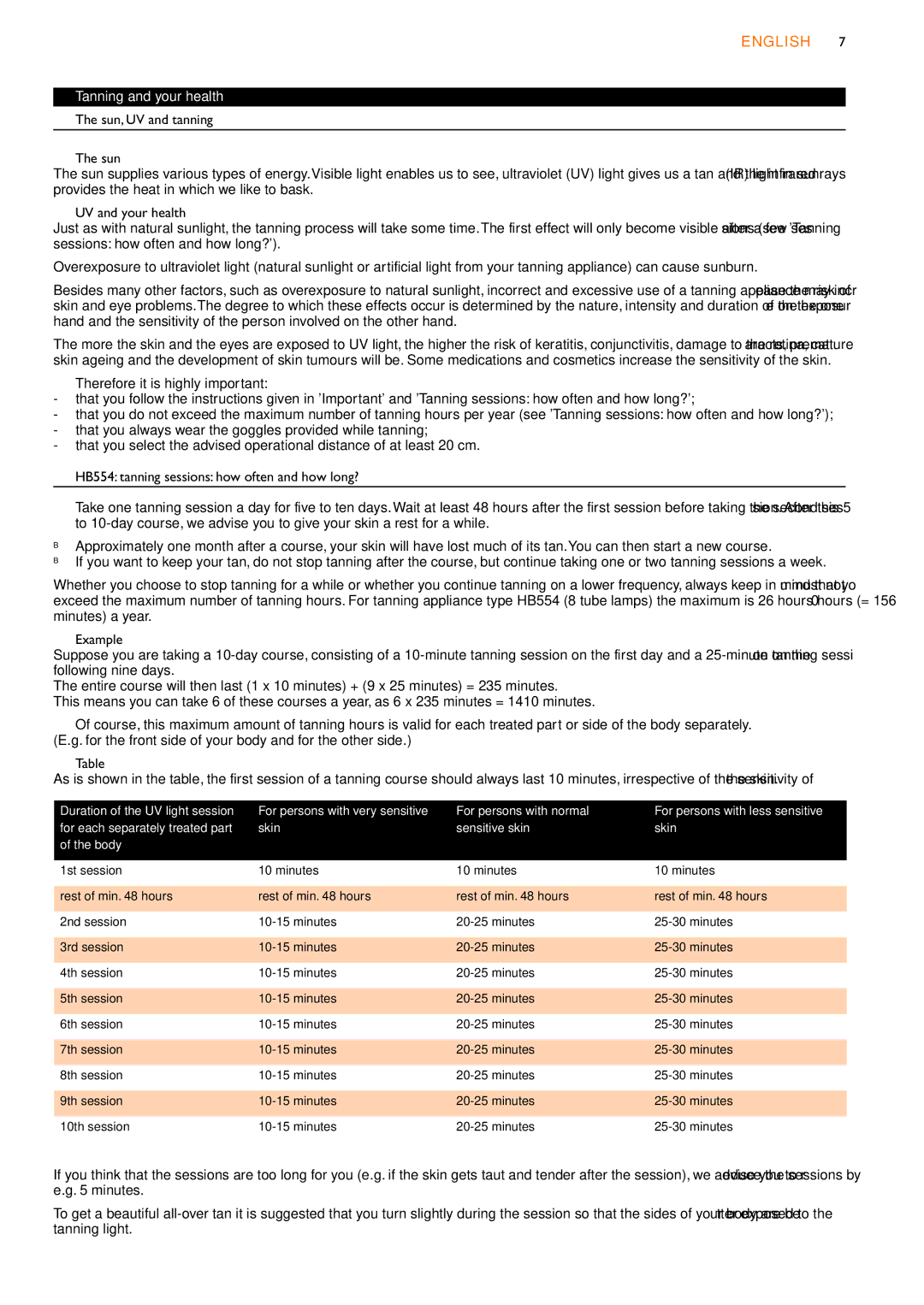 Philips HB555, HB556, HB554 manual English, Tanning and your health, For persons with normal, Skin Sensitive skin Body 