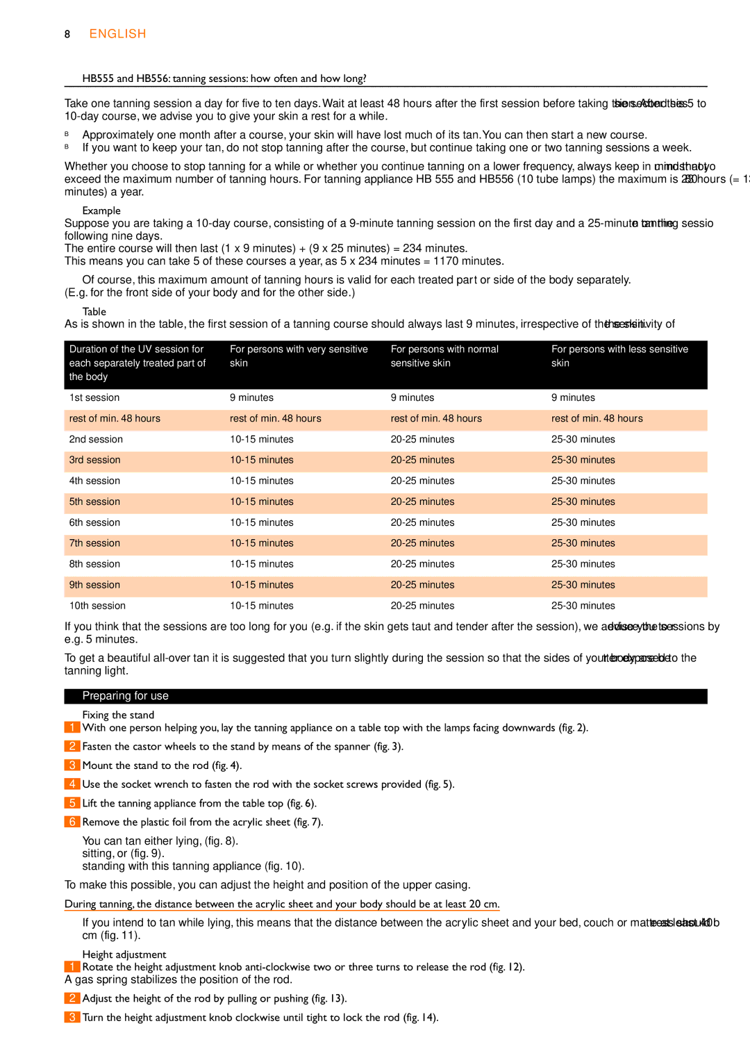 Philips HB554 Preparing for use, Duration of the UV session for, Each separately treated part Skin Sensitive skin Body 