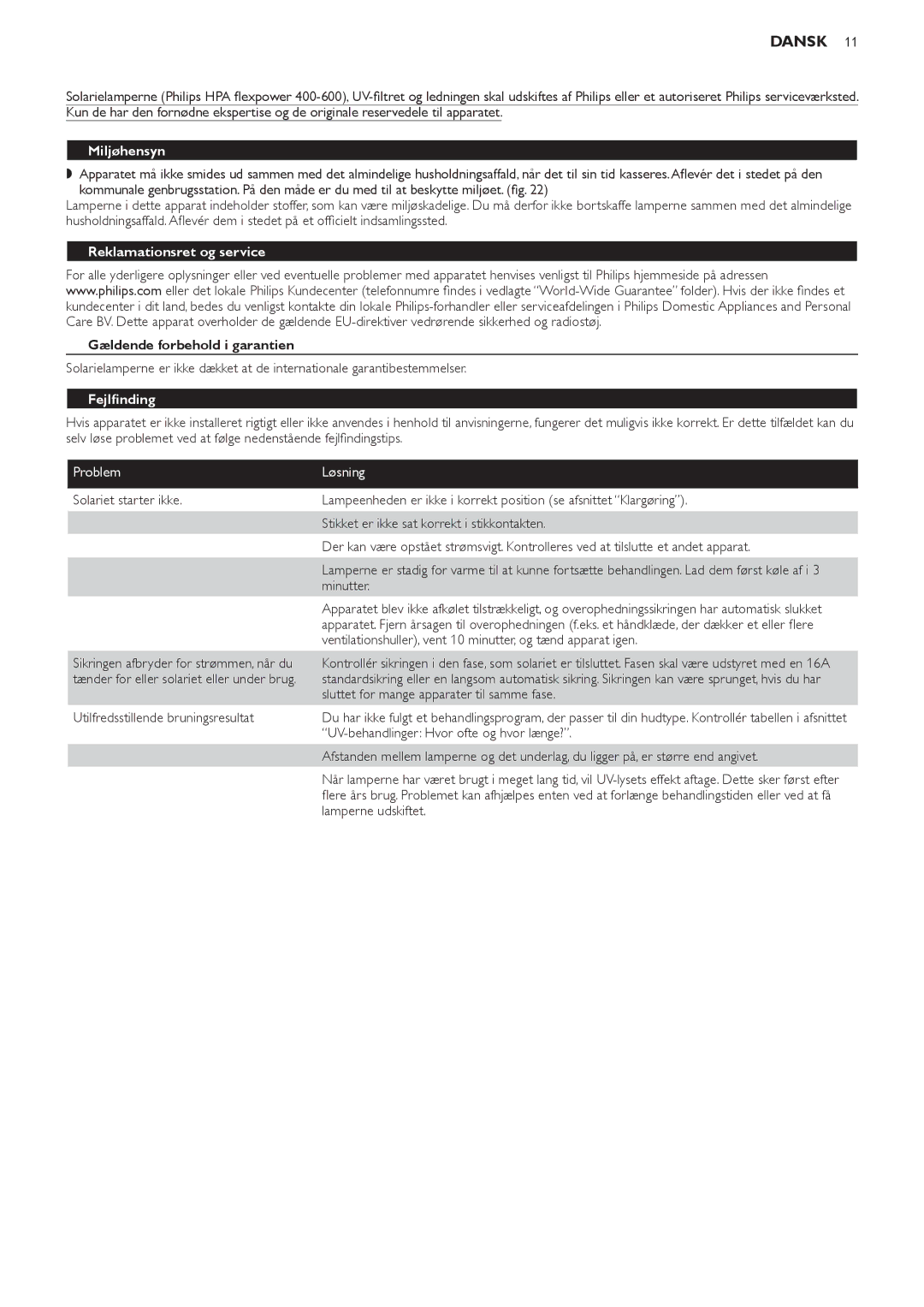 Philips HB823 manual Miljøhensyn, Reklamationsret og service, Gældende forbehold i garantien, Fejlfinding, Problem Løsning 