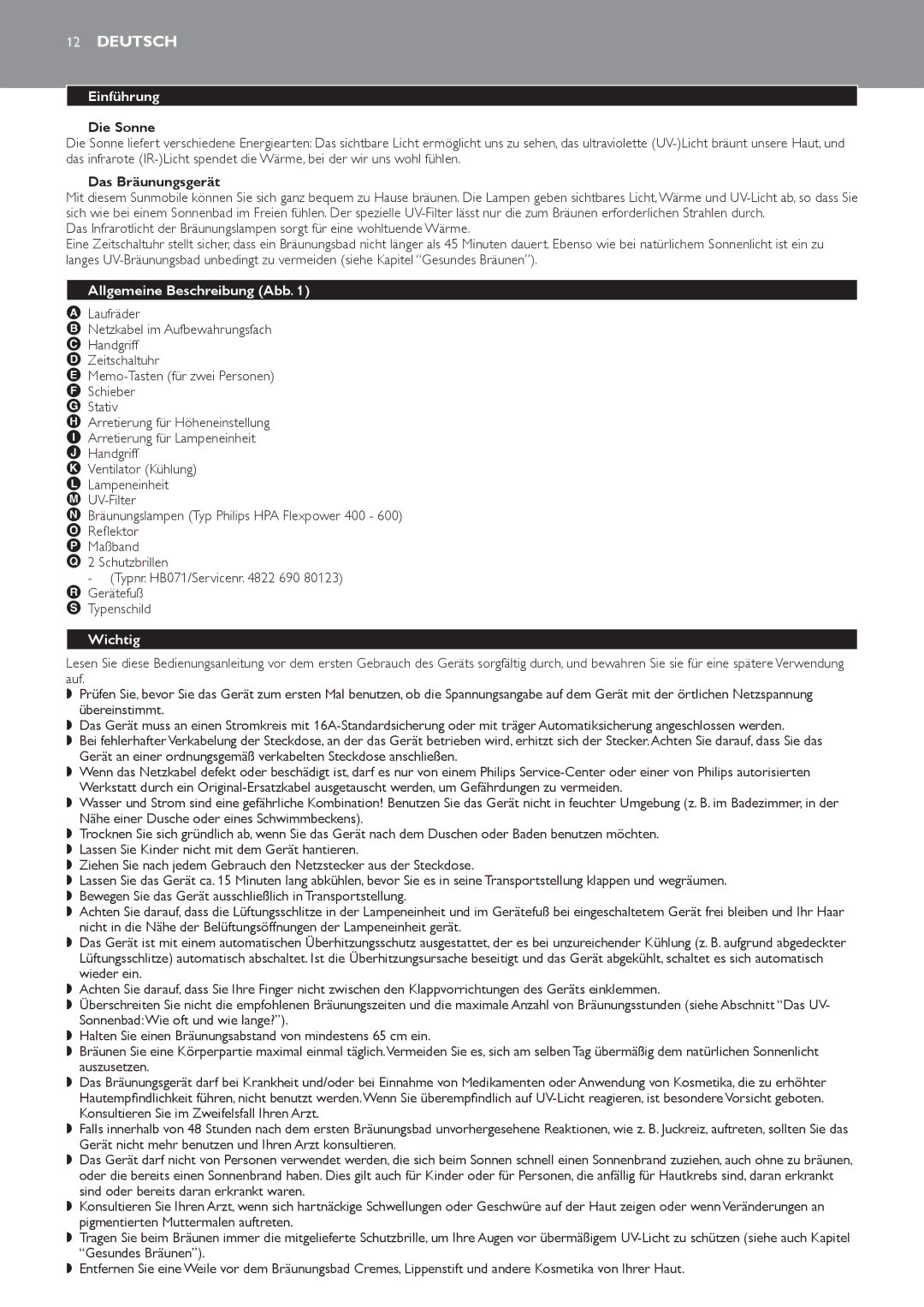 Philips HB823 manual Deutsch, Einführung, Allgemeine Beschreibung Abb, Wichtig 