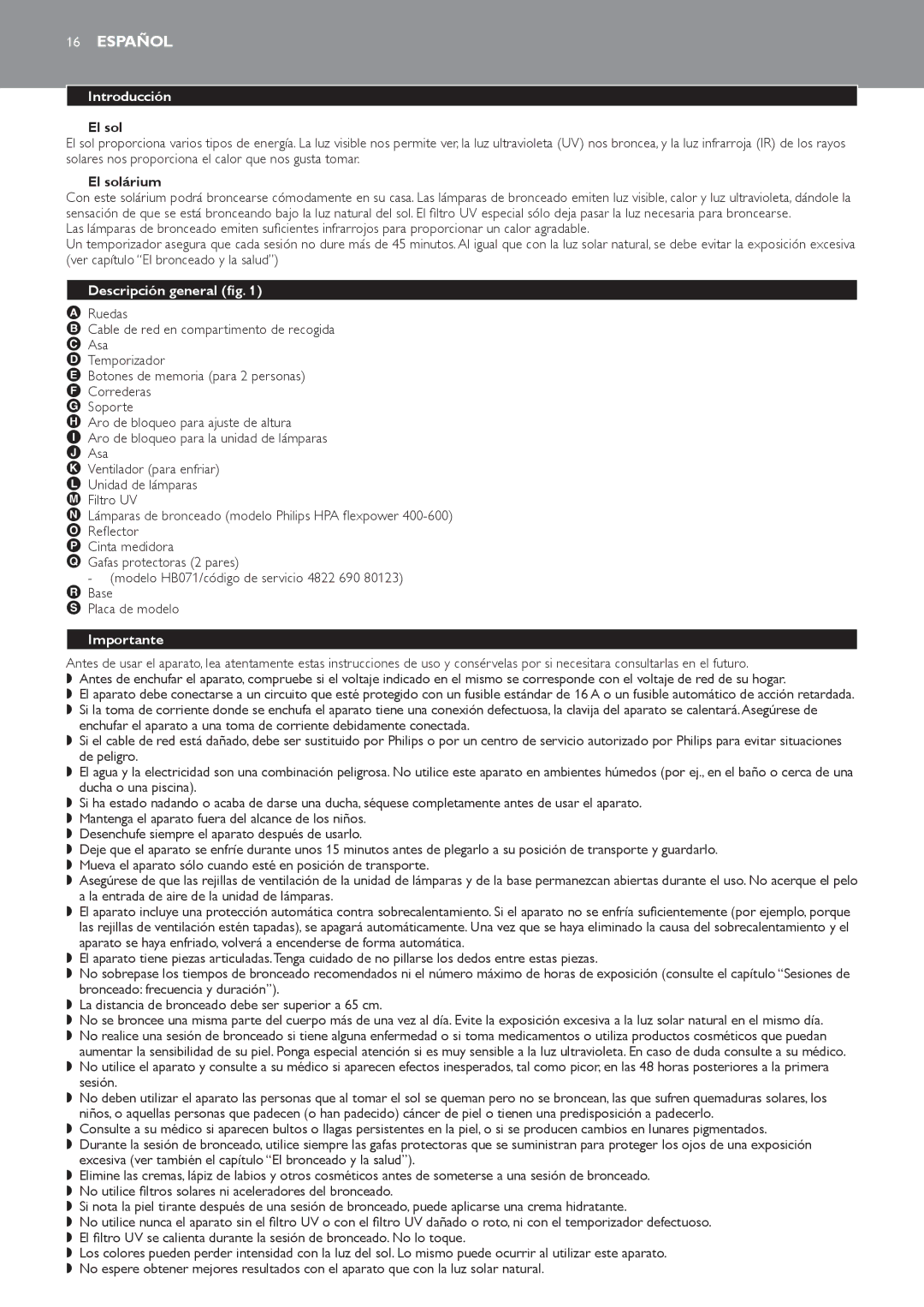 Philips HB823 manual Español, Introducción, Descripción general fig, Importante 