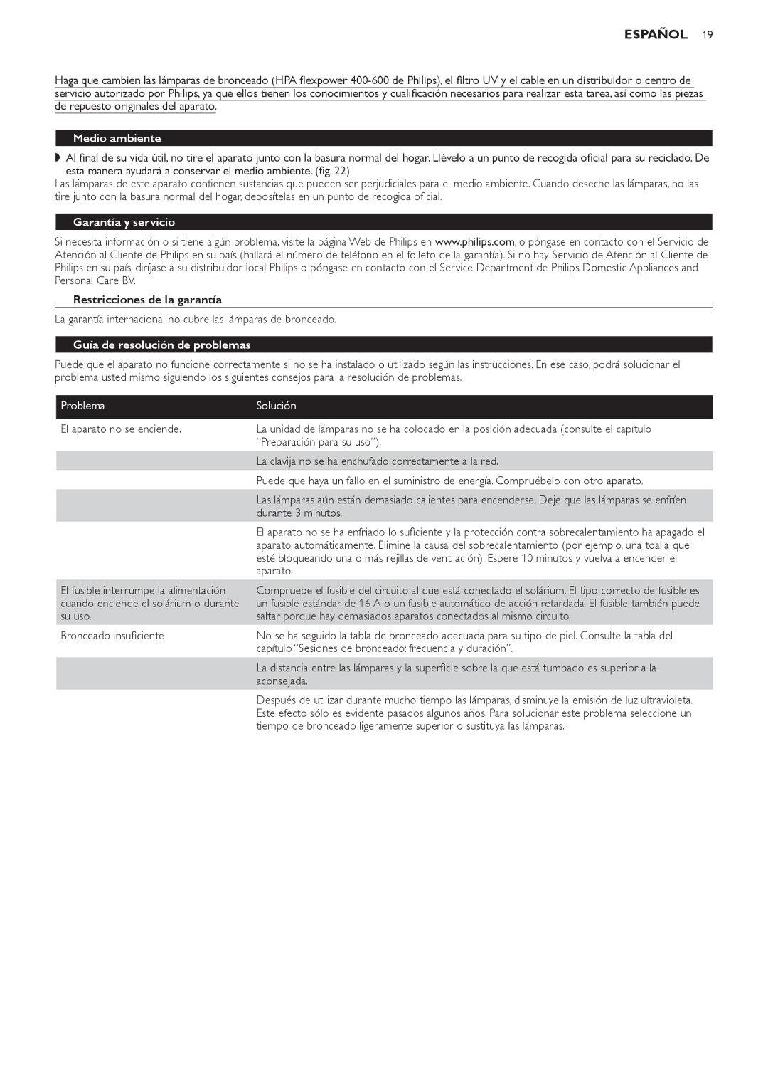 Philips HB823 manual Medio ambiente, Garantía y servicio, Restricciones de la garantía, Guía de resolución de problemas 