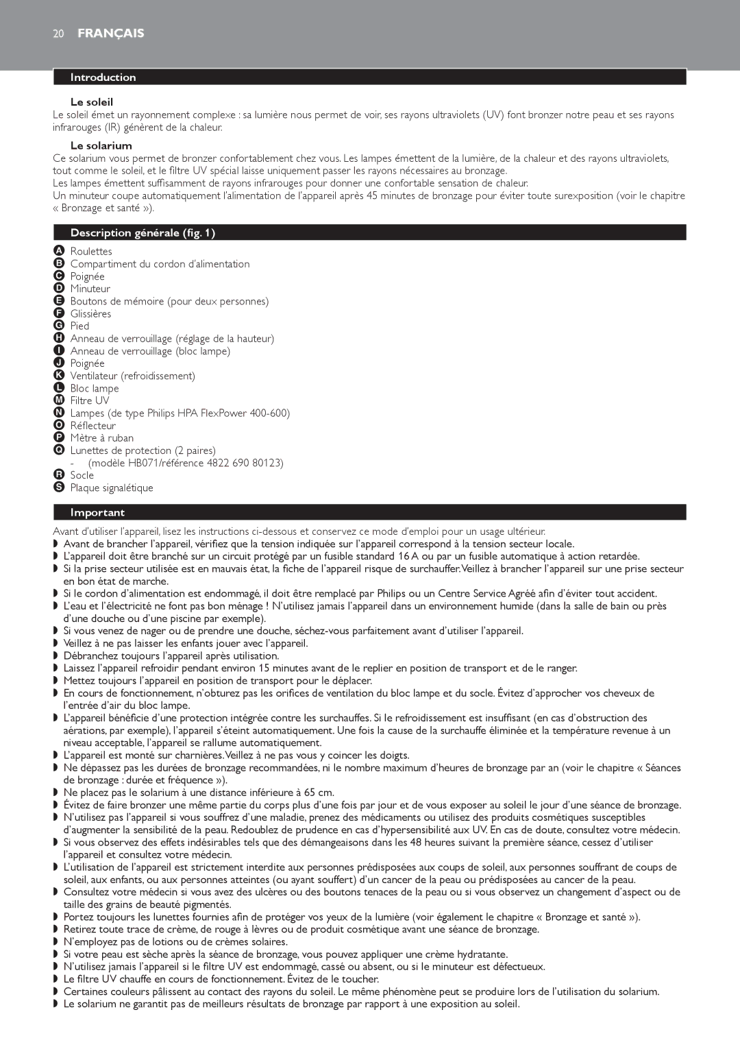 Philips HB823 manual Français, Le soleil, Le solarium, Description générale fig 