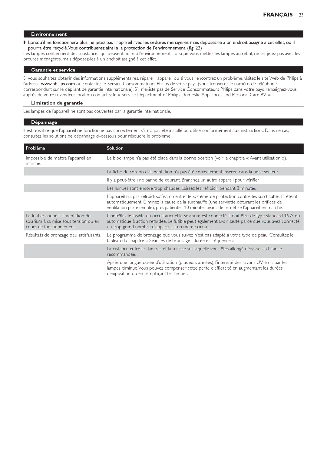 Philips HB823 manual Environnement, Garantie et service, Limitation de garantie, Dépannage, Problème Solution 