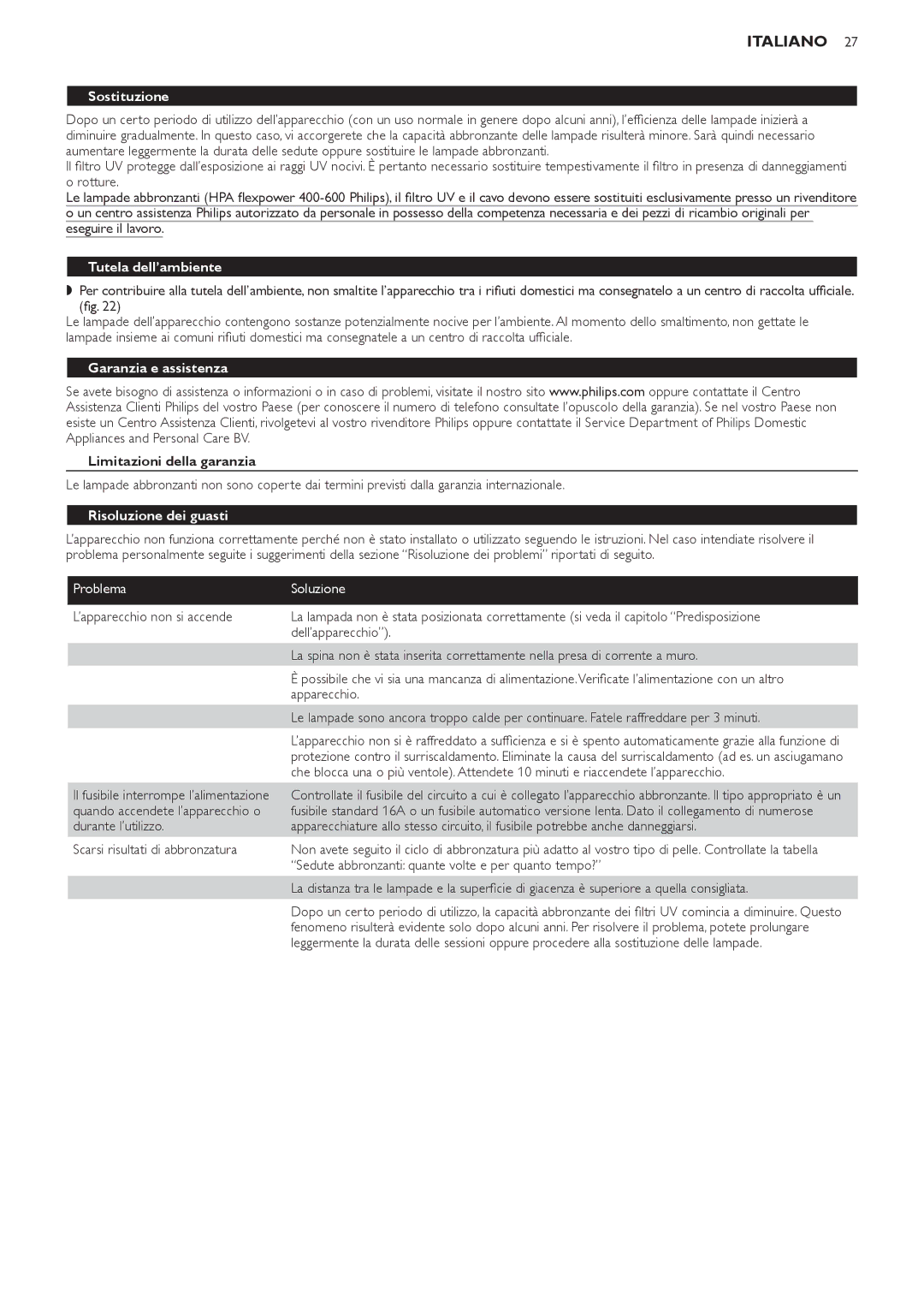 Philips HB823 manual Sostituzione, Tutela dell’ambiente, Garanzia e assistenza, Limitazioni della garanzia 