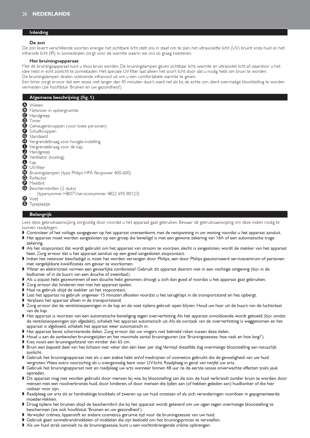 Philips HB823 manual Nederlands, Inleiding, Algemene beschrijving fig, Belangrijk 