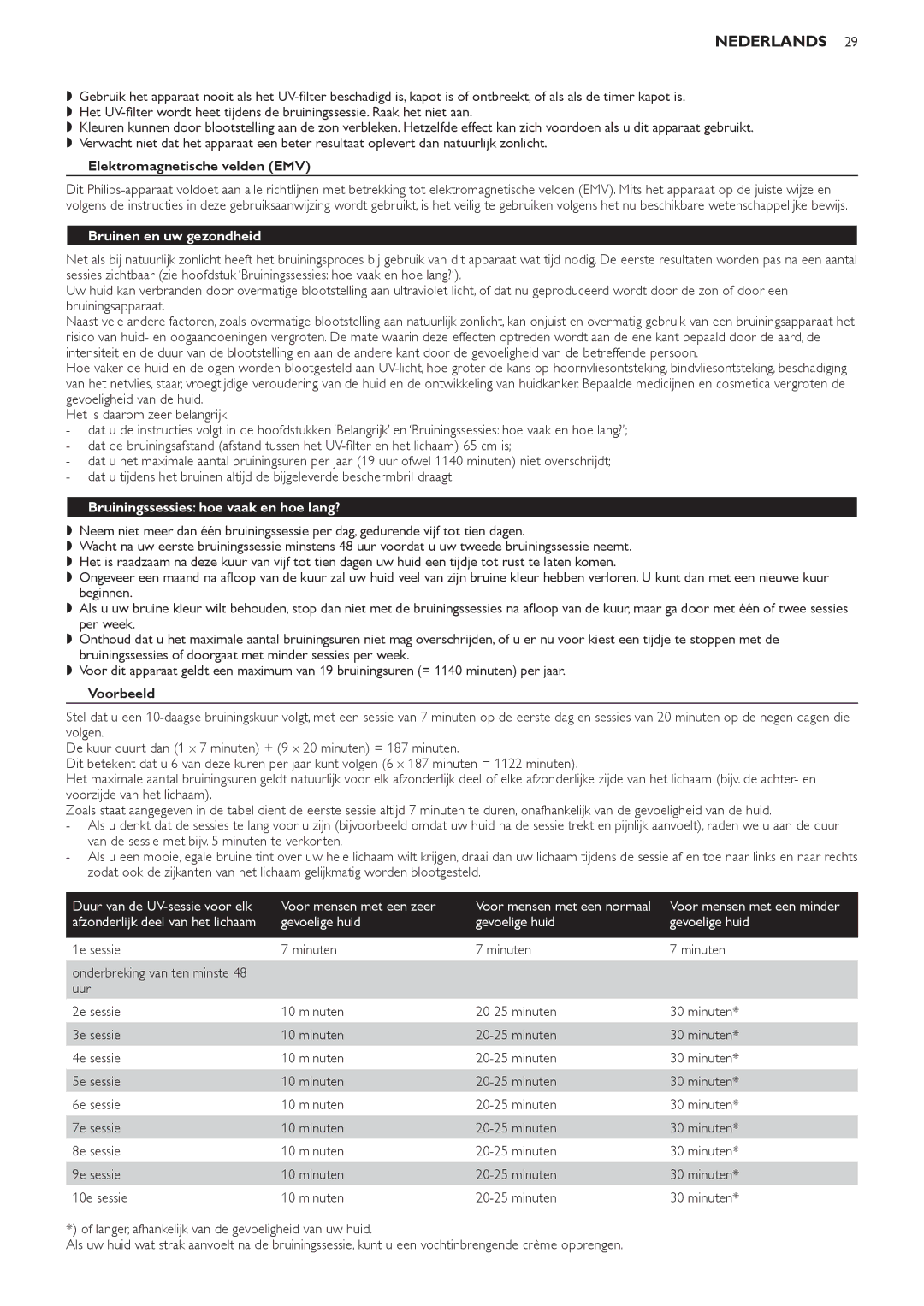 Philips HB823 Elektromagnetische velden EMV, Bruinen en uw gezondheid, Bruiningssessies hoe vaak en hoe lang?, Voorbeeld 