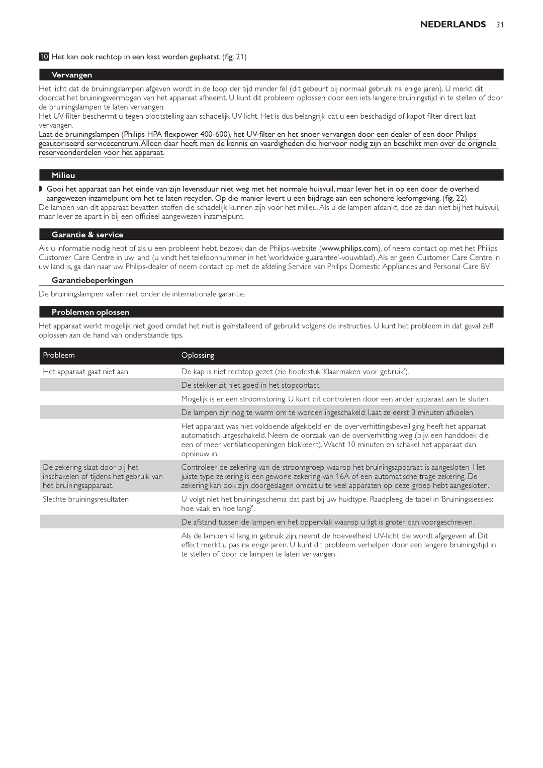 Philips HB823 manual Vervangen, Milieu, Garantie & service, Garantiebeperkingen, Problemen oplossen 