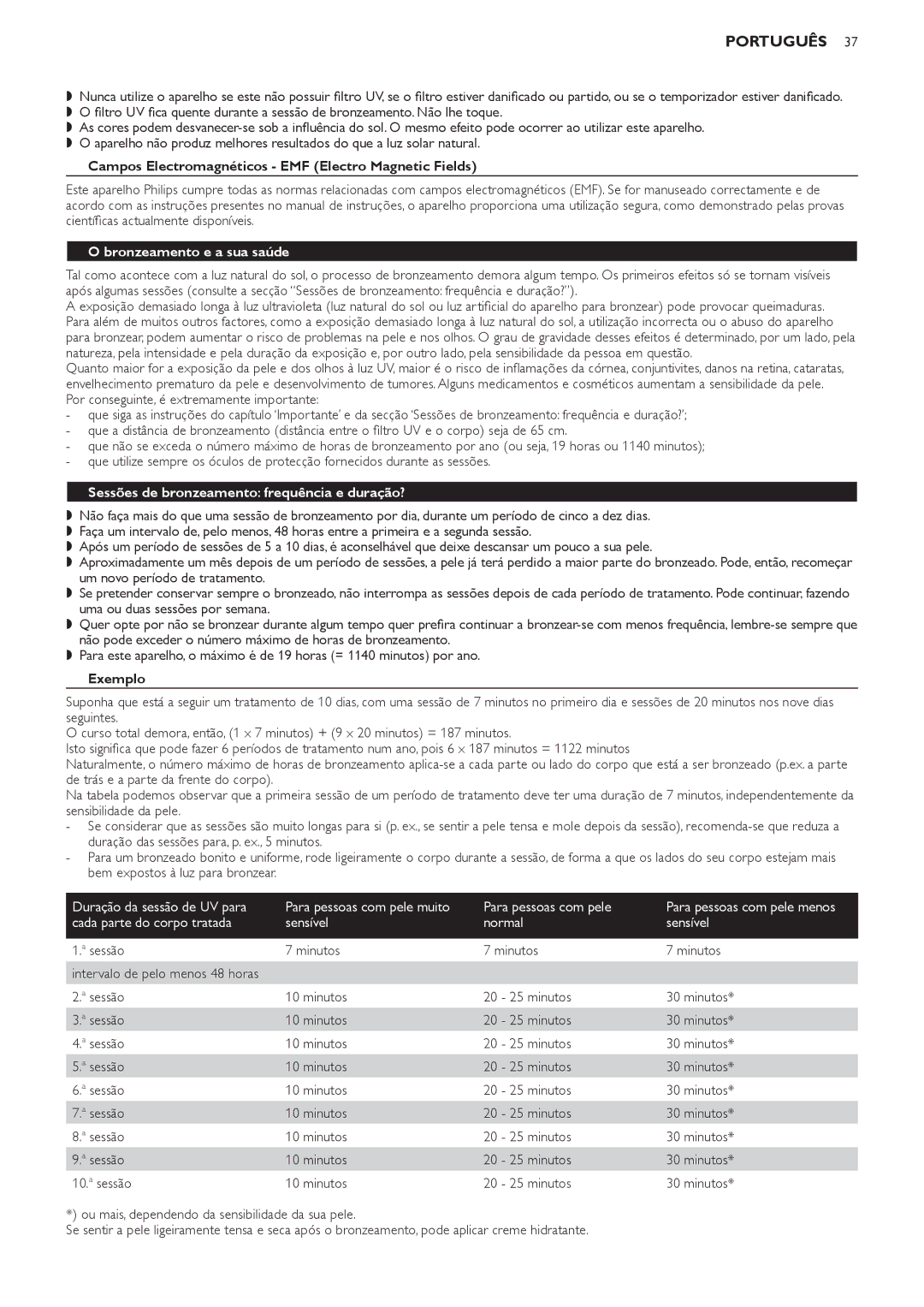 Philips HB823 manual Campos Electromagnéticos EMF Electro Magnetic Fields, Bronzeamento e a sua saúde, Exemplo 