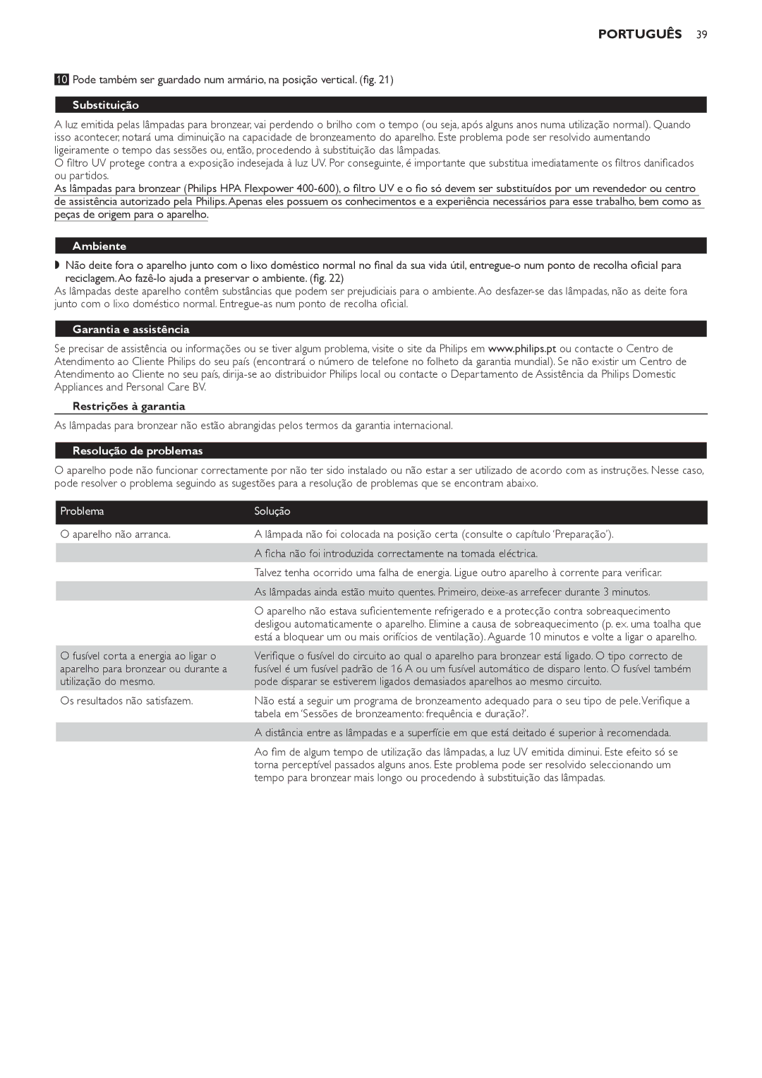 Philips HB823 manual Substituição, Ambiente, Garantia e assistência, Restrições à garantia, Resolução de problemas 