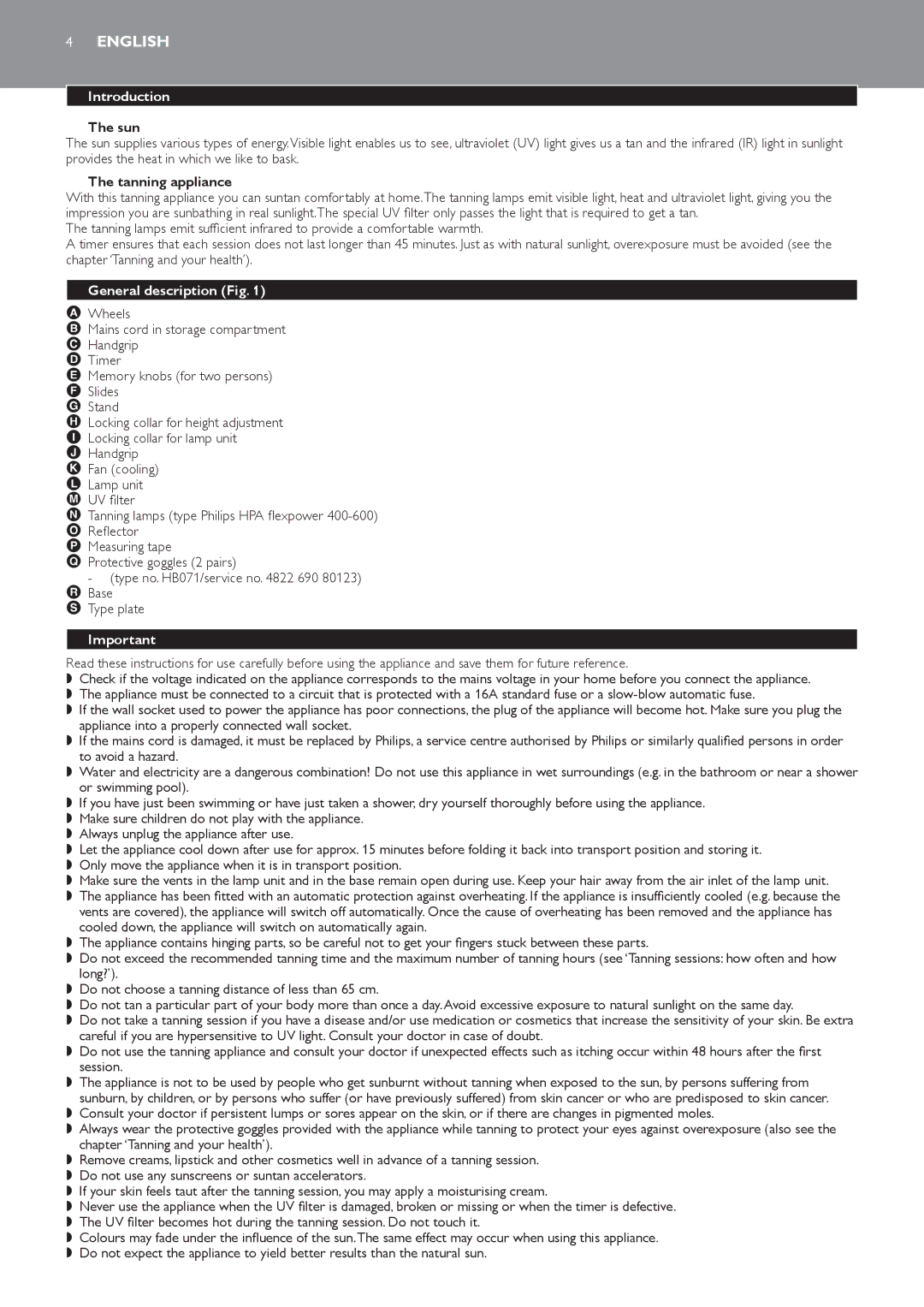 Philips HB823 manual English, Introduction, Sun, Tanning appliance, General description Fig 