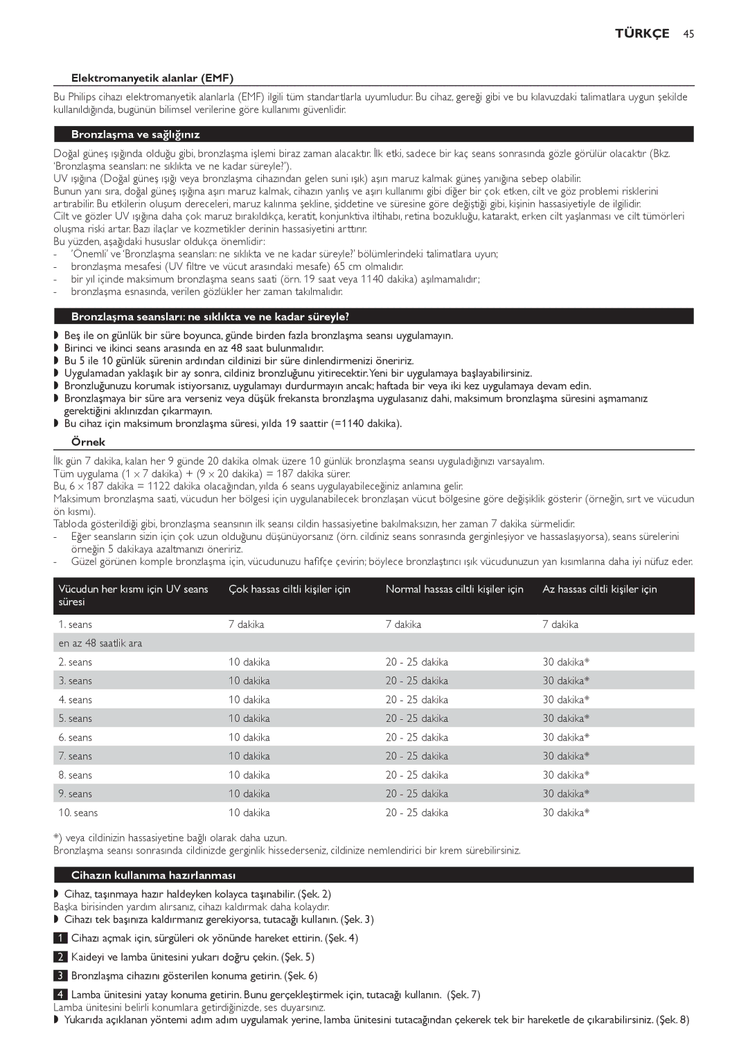 Philips HB823 Elektromanyetik alanlar EMF, Bronzlaşma ve sağlığınız, Bronzlaşma seansları ne sıklıkta ve ne kadar süreyle? 