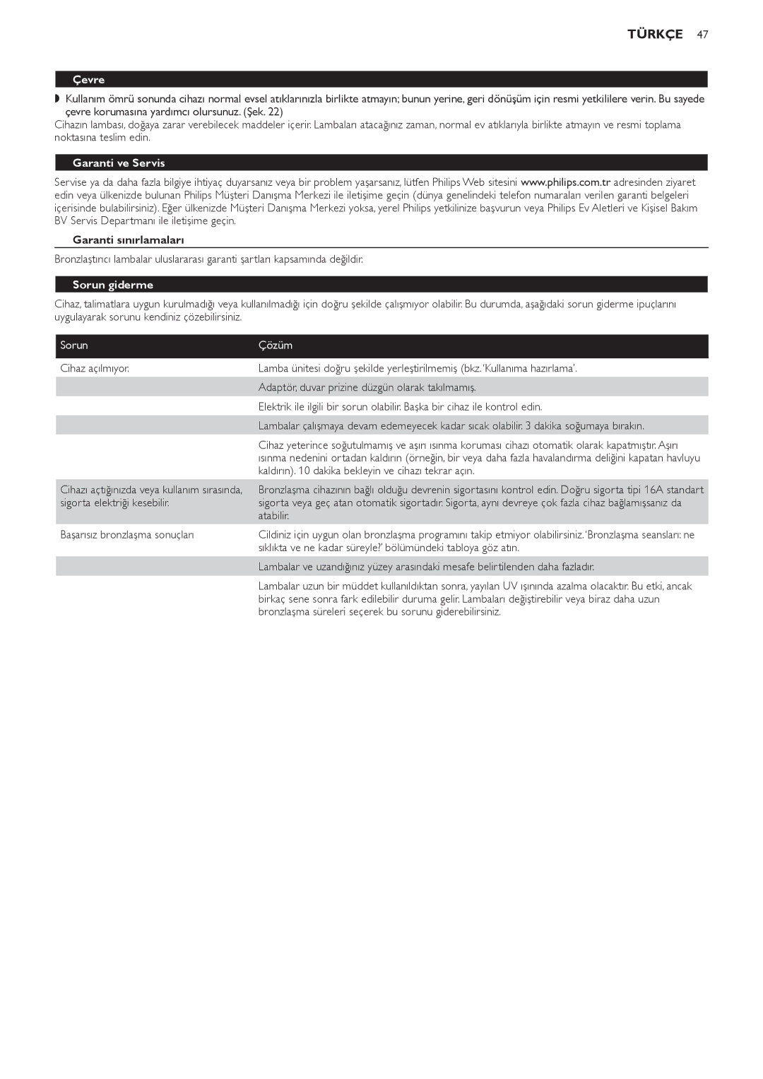 Philips HB823 manual Çevre, Garanti ve Servis, Garanti sınırlamaları, Sorun giderme, Sorun Çözüm 