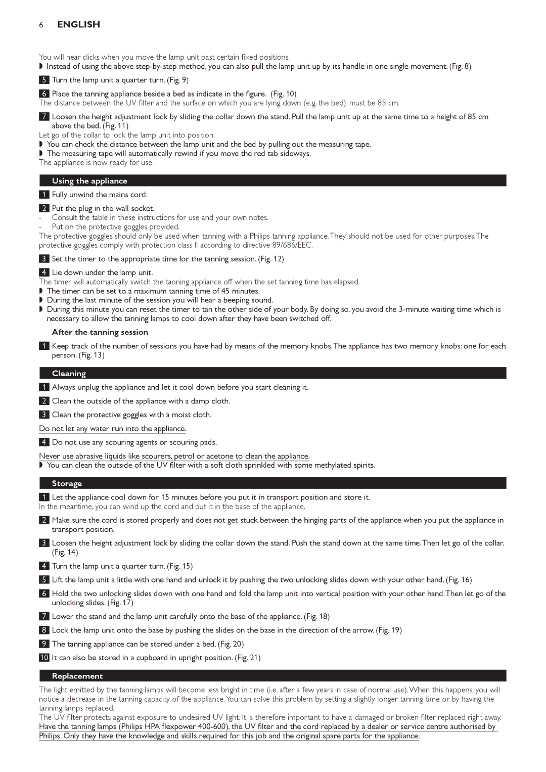 Philips HB823 manual Using the appliance, After the tanning session, Cleaning, Storage, Replacement 