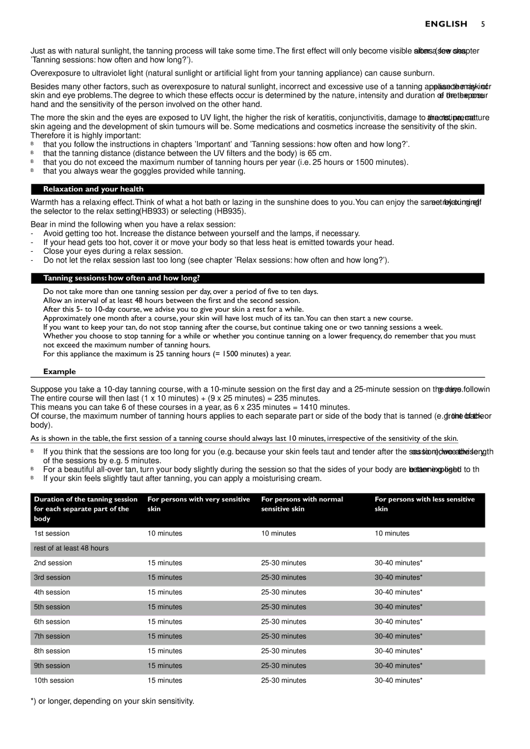 Philips HB935, HB933 manual English, Relaxation and your health, Tanning sessions how often and how long?, Example 