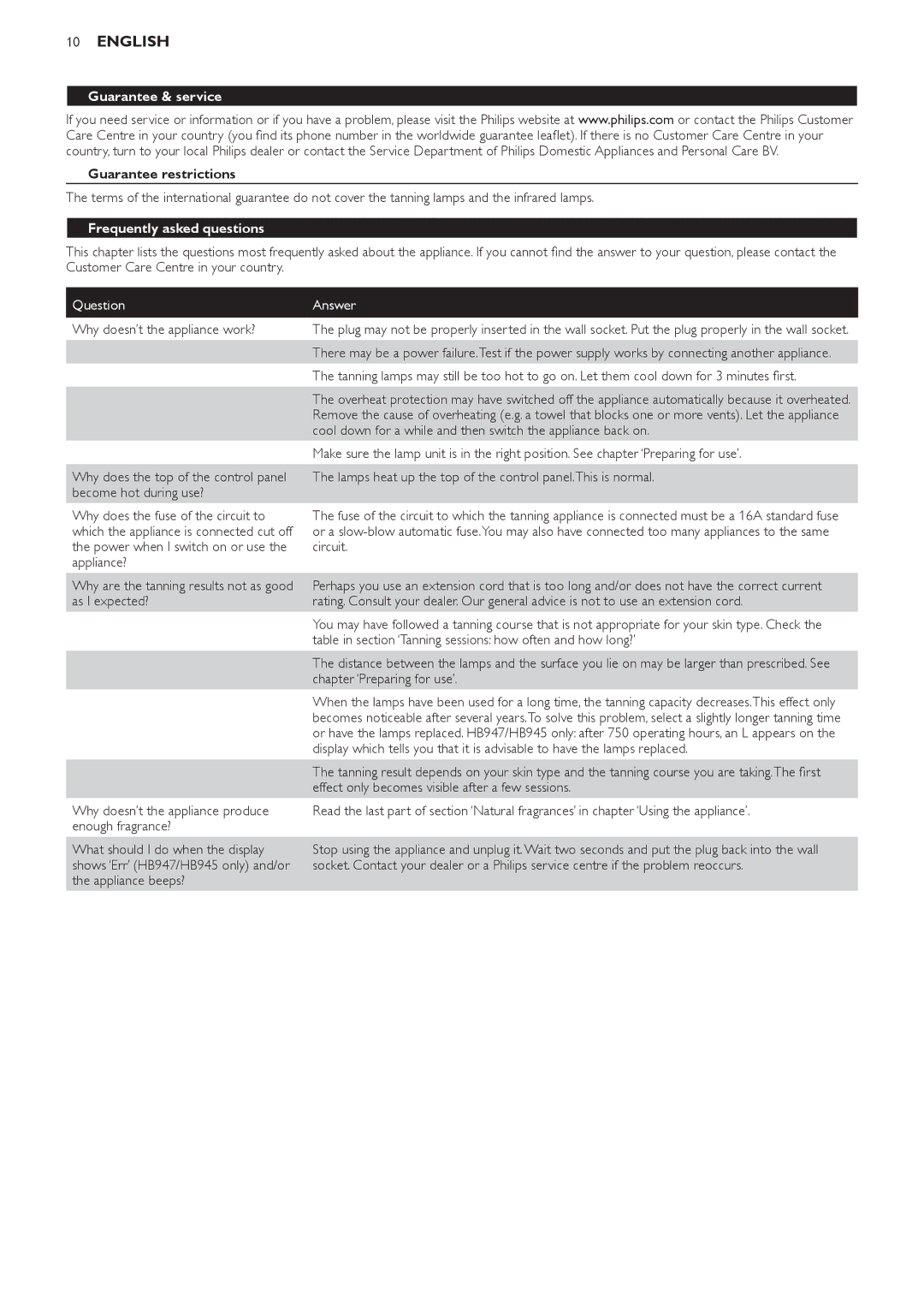 Philips HB945, HB933 manual Guarantee & service, Guarantee restrictions, Frequently asked questions, Question Answer 