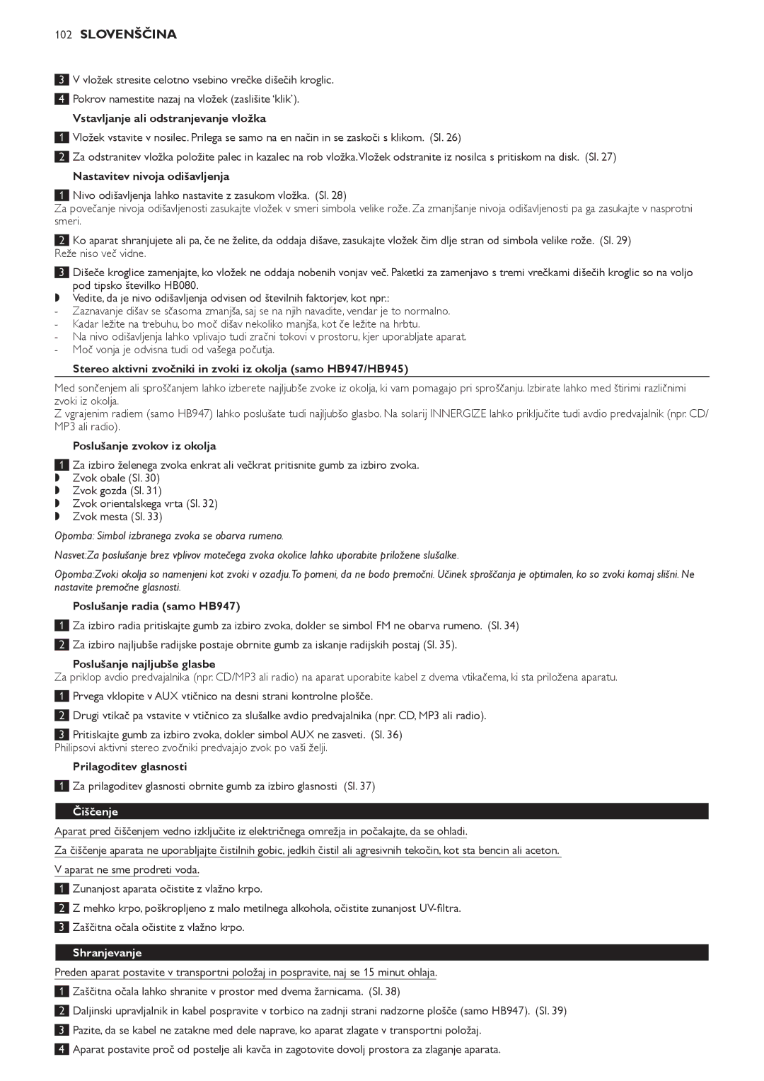 Philips HB947, HB945, HB933 manual Čiščenje, Shranjevanje 