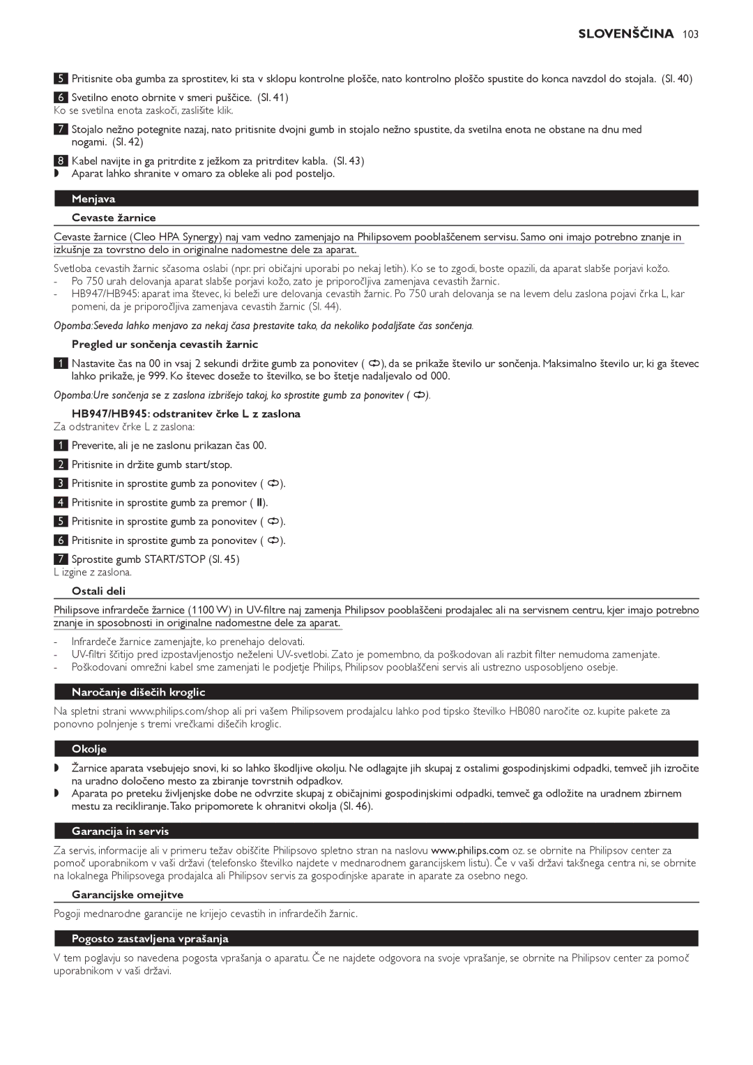 Philips HB945, HB933 manual Menjava, Naročanje dišečih kroglic Okolje, Garancija in servis, Pogosto zastavljena vprašanja 