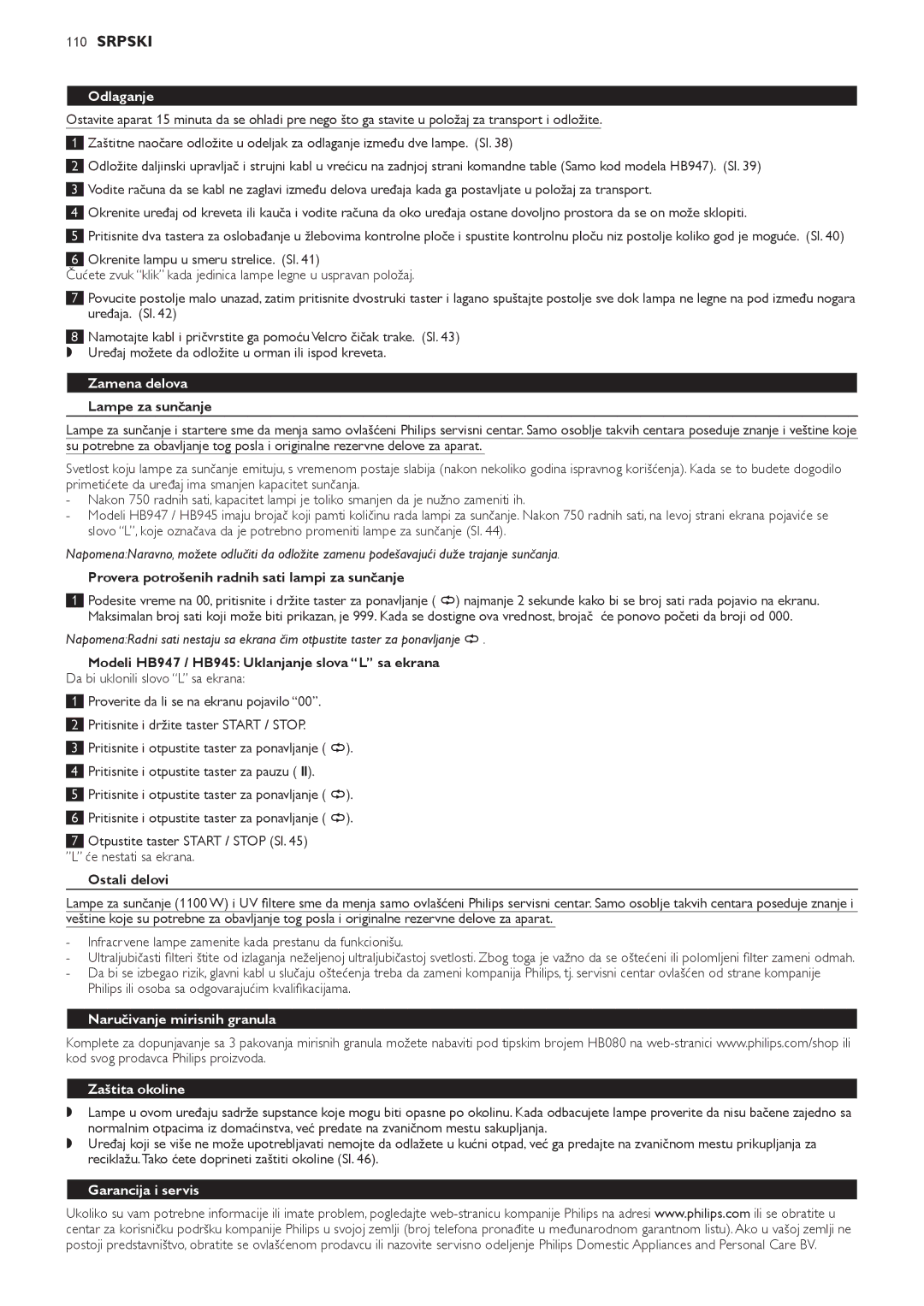 Philips HB947, HB945, HB933 manual Odlaganje, Zamena delova, Zaštita okoline, Garancija i servis 