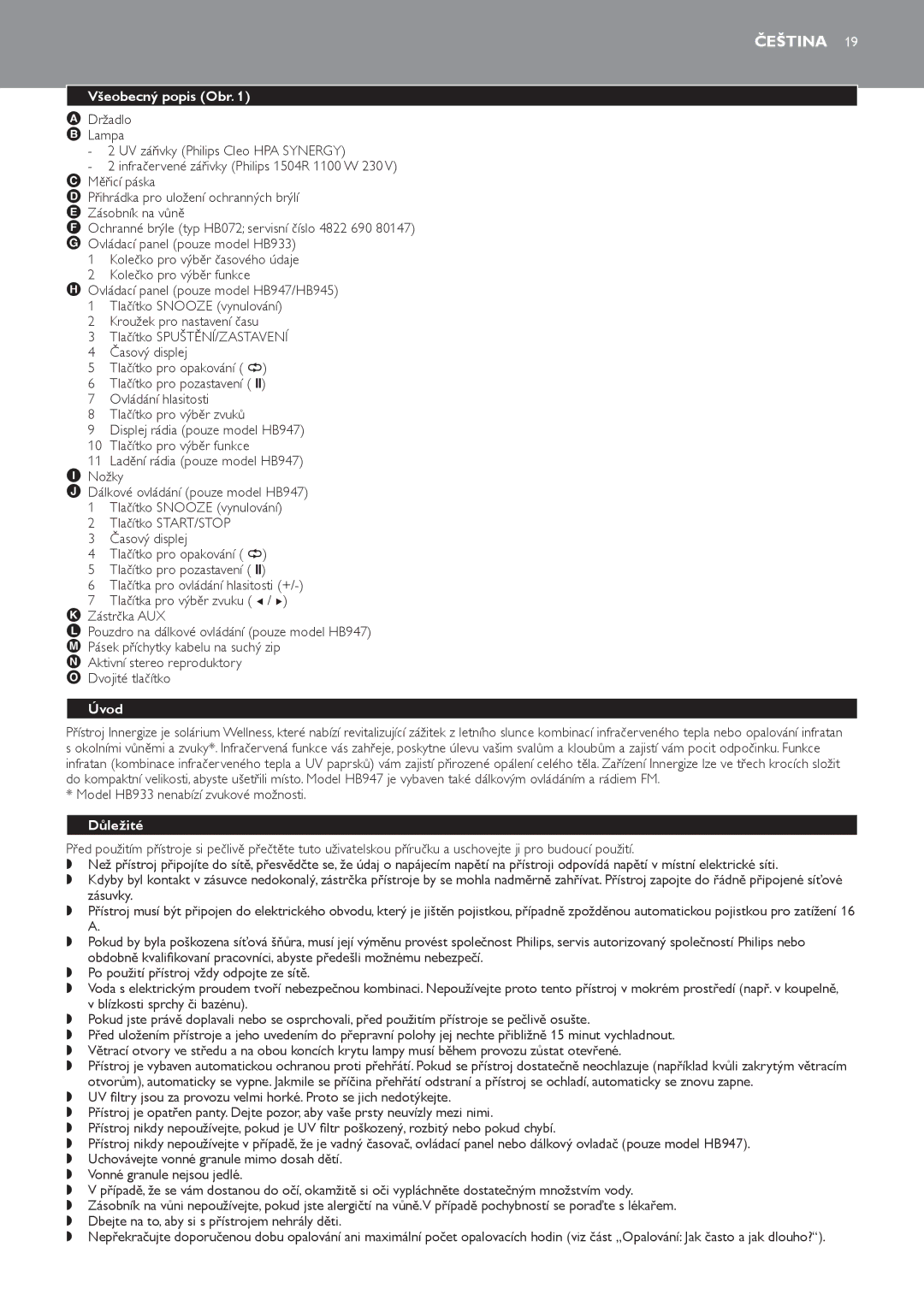 Philips HB947, HB945, HB933 manual Čeština, Všeobecný popis Obr, Úvod, Model HB933 nenabízí zvukové možnosti, Důležité 