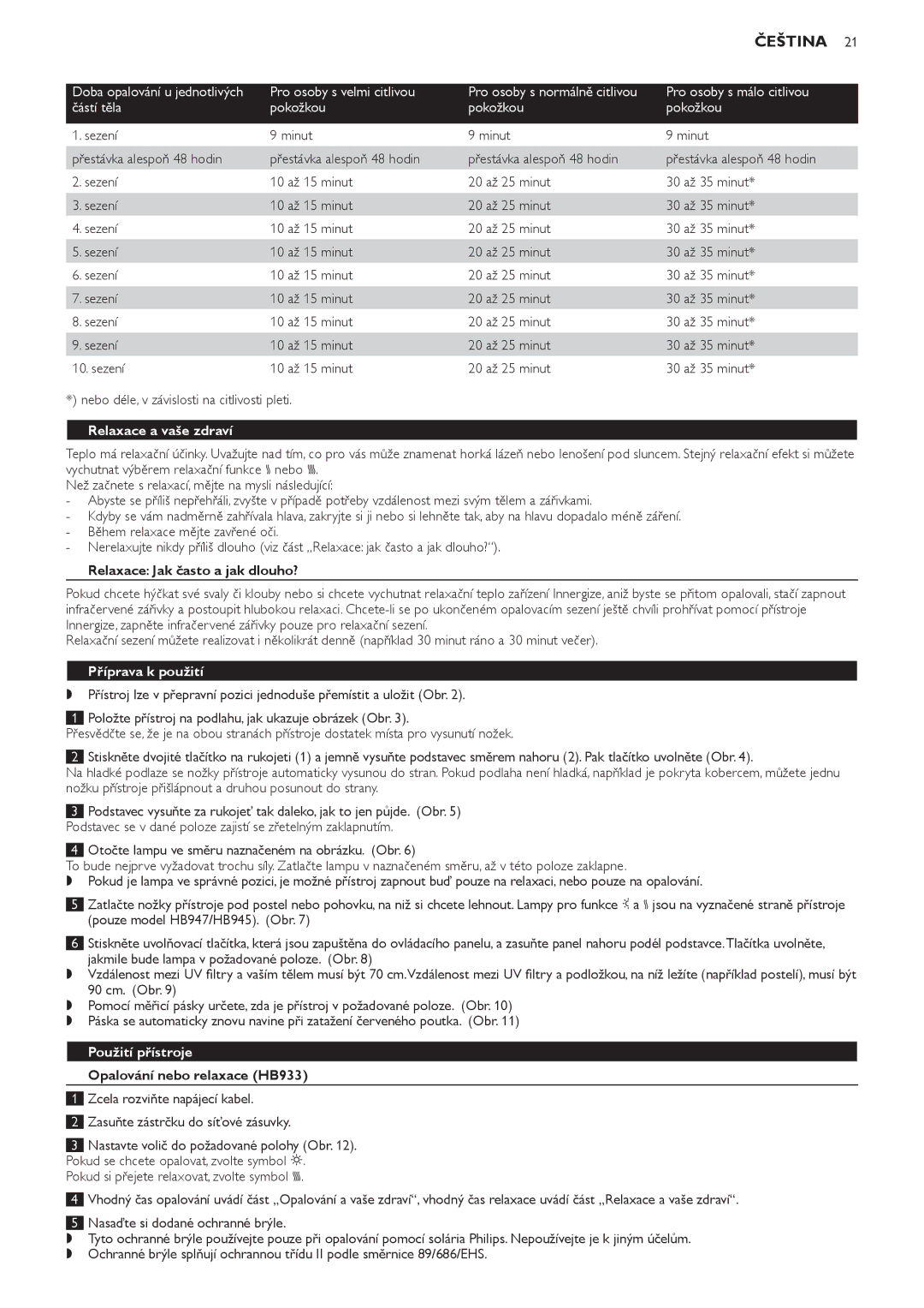 Philips HB947, HB945, HB933 manual Čeština, Relaxace a vaše zdraví, Příprava k použití, Použití přístroje 