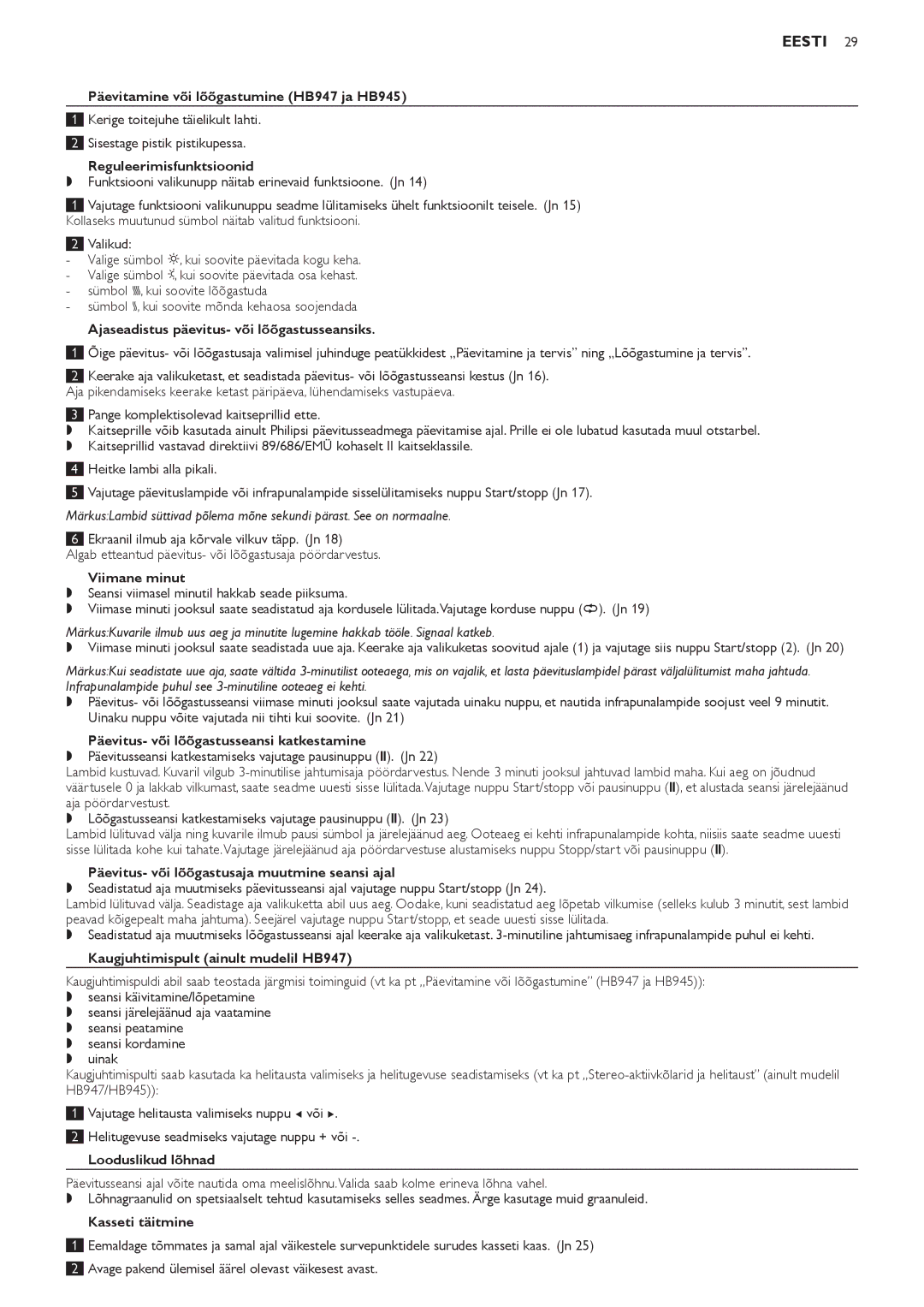 Philips HB947, HB945, HB933 manual Päevitamine või lõõgastumine HB947 ja HB945, Reguleerimisfunktsioonid, Viimane minut 