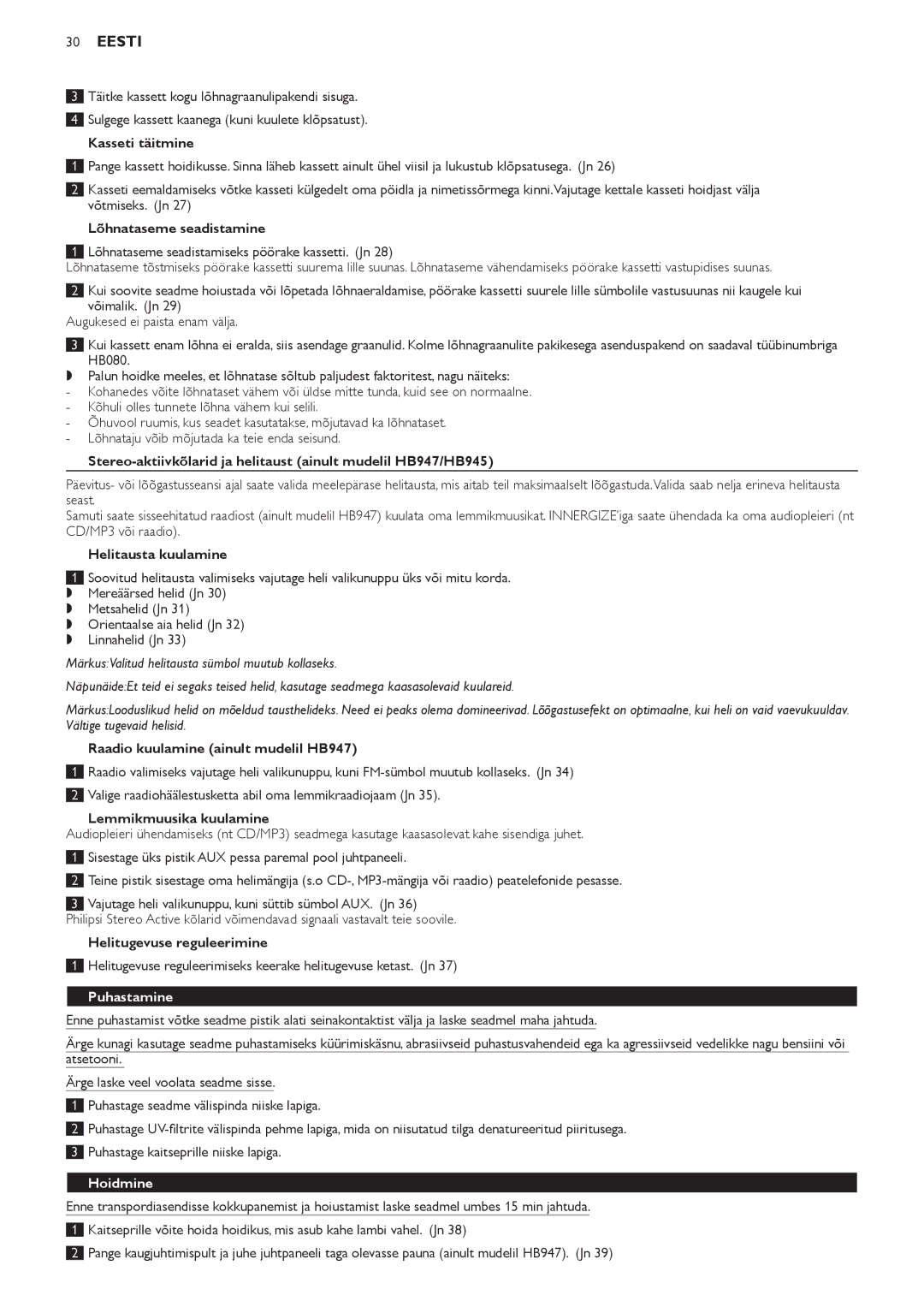 Philips HB947, HB945, HB933 manual Puhastamine, Hoidmine 