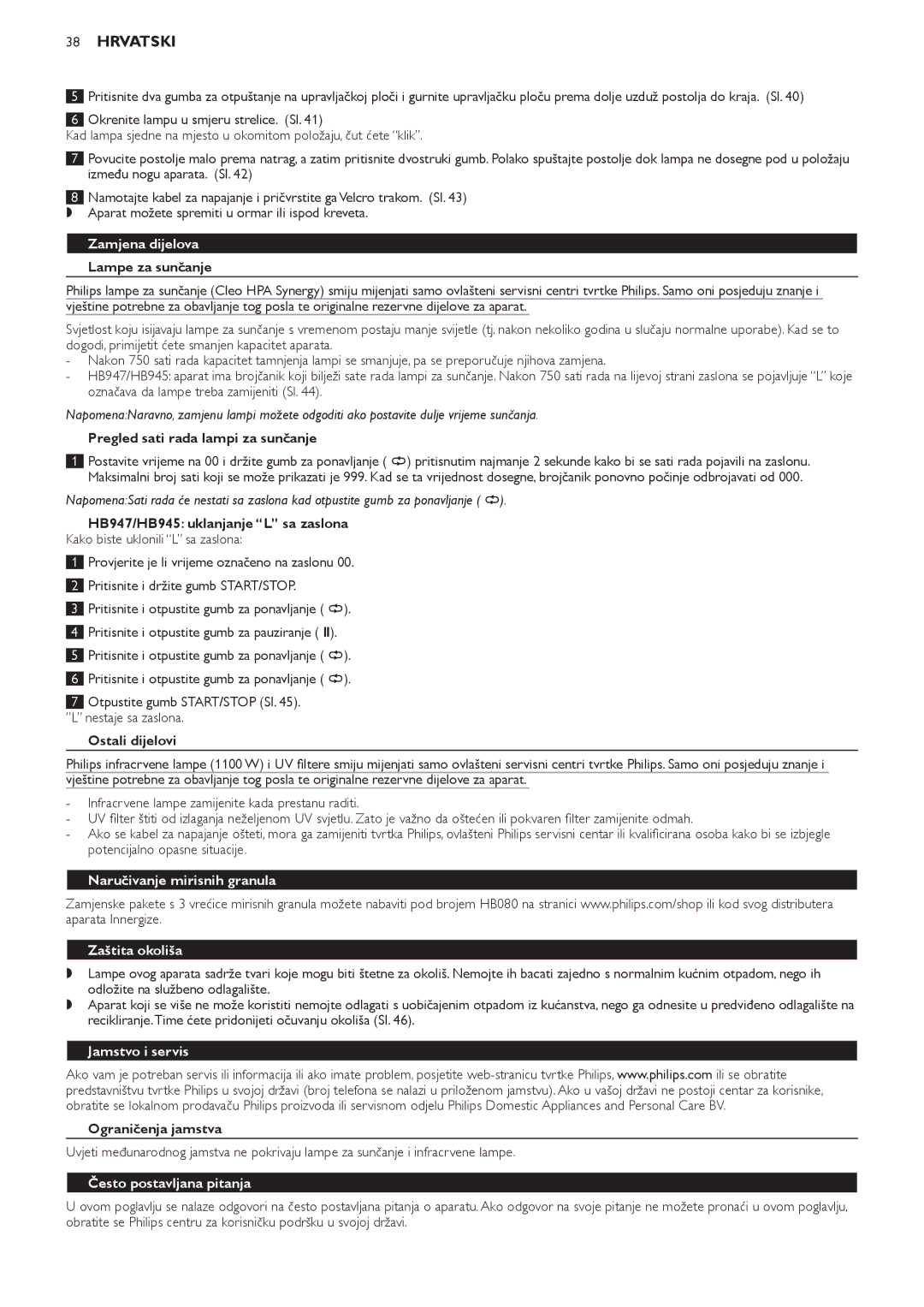 Philips HB947, HB945, HB933 manual Zamjena dijelova, Naručivanje mirisnih granula, Zaštita okoliša, Jamstvo i servis 
