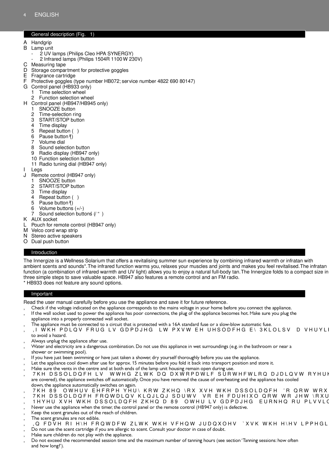 Philips HB947, HB945, HB933 manual English, General description Fig, Introduction 