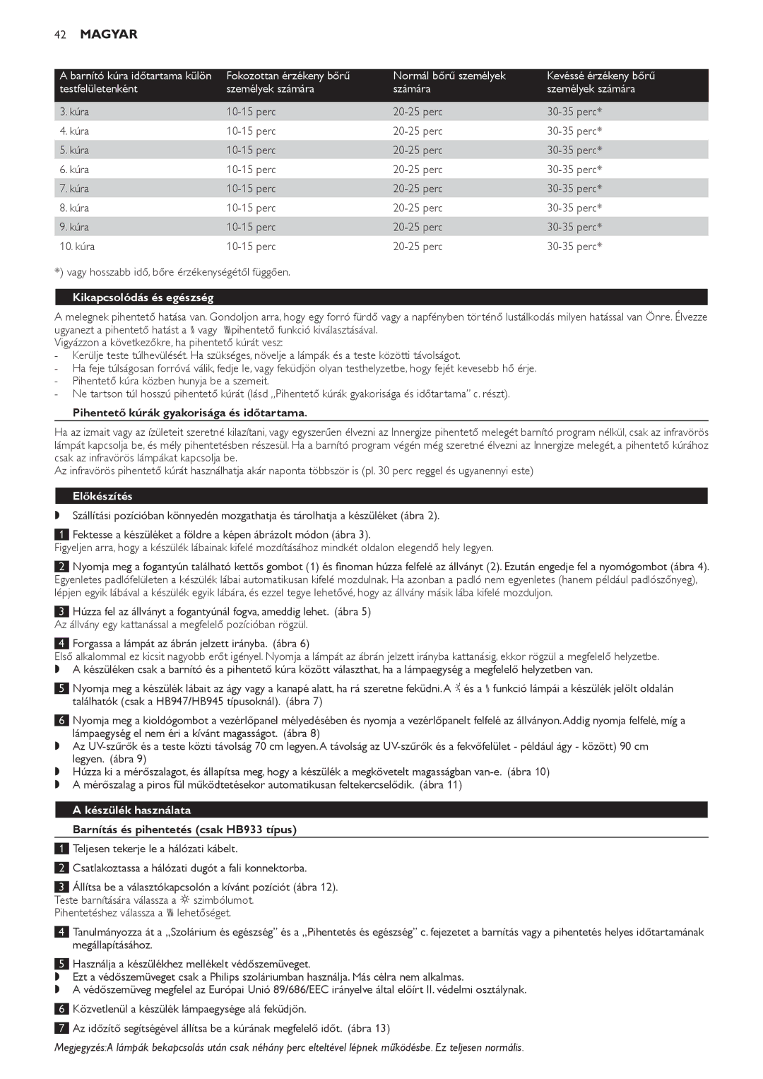 Philips HB933 manual Kikapcsolódás és egészség, Pihentető kúrák gyakorisága és időtartama, Előkészítés, Készülék használata 