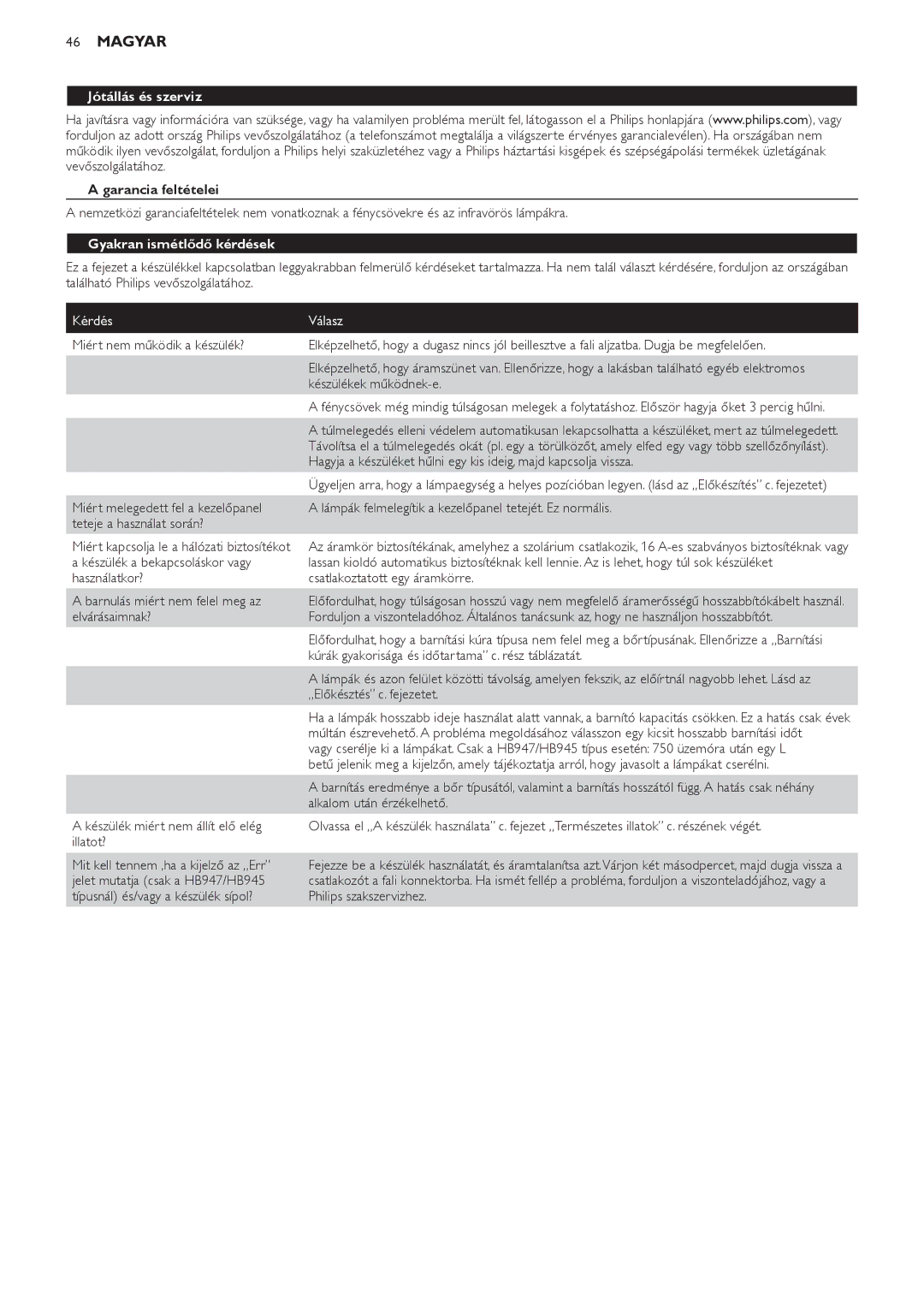 Philips HB945 Jótállás és szerviz, Garancia feltételei, Gyakran ismétlődő kérdések, Kérdés Válasz, Készülékek működnek-e 