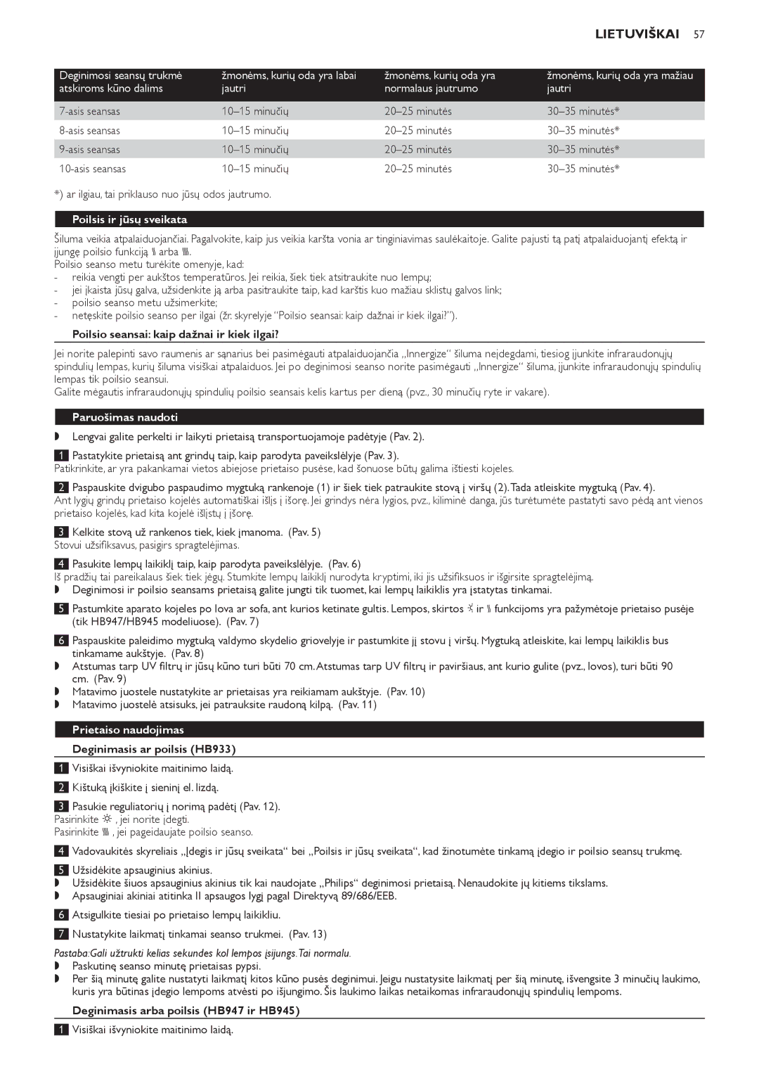 Philips HB947, HB945, HB933 manual Poilsis ir jūsų sveikata, Paruošimas naudoti, Prietaiso naudojimas 