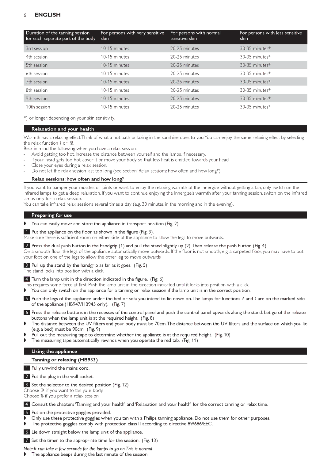 Philips HB933, HB945 manual Relaxation and your health, Relax sessions how often and how long?, Preparing for use 