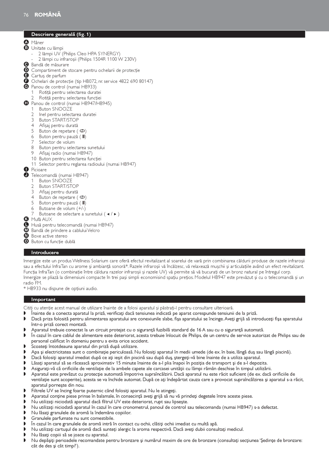 Philips HB947, HB945, HB933 manual 76 Română, Descriere generală fig, Introducere 