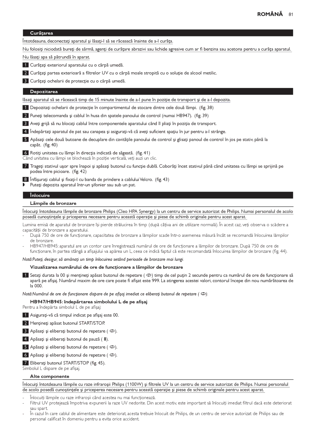 Philips HB947, HB945, HB933 manual Curăţarea, Depozitarea, Înlocuire 