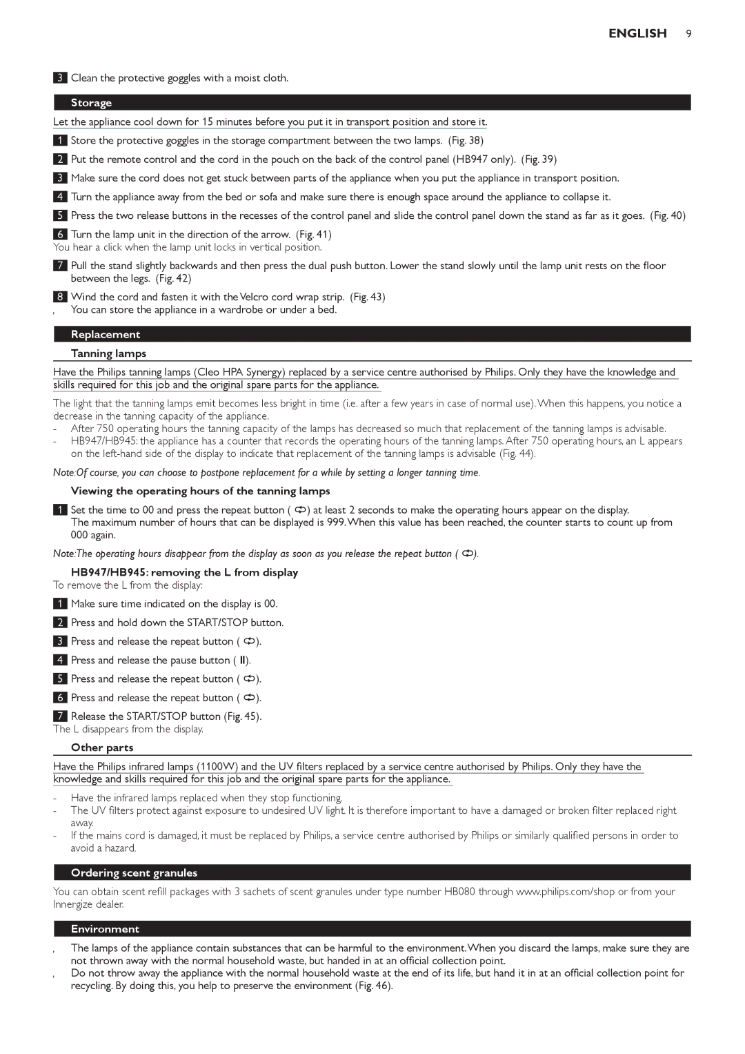 Philips HB947, HB945, HB933 manual Storage, Replacement, Ordering scent granules, Environment 