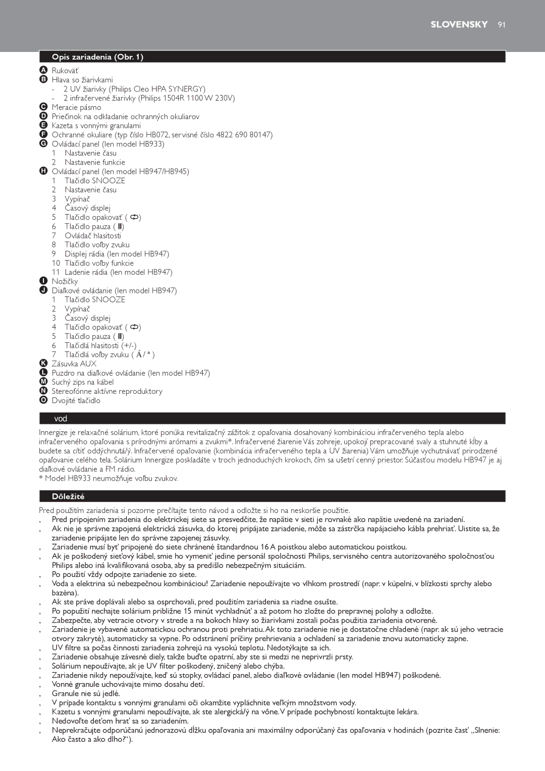 Philips HB947, HB945, HB933 manual Slovensky, Opis zariadenia Obr, Dôležité 