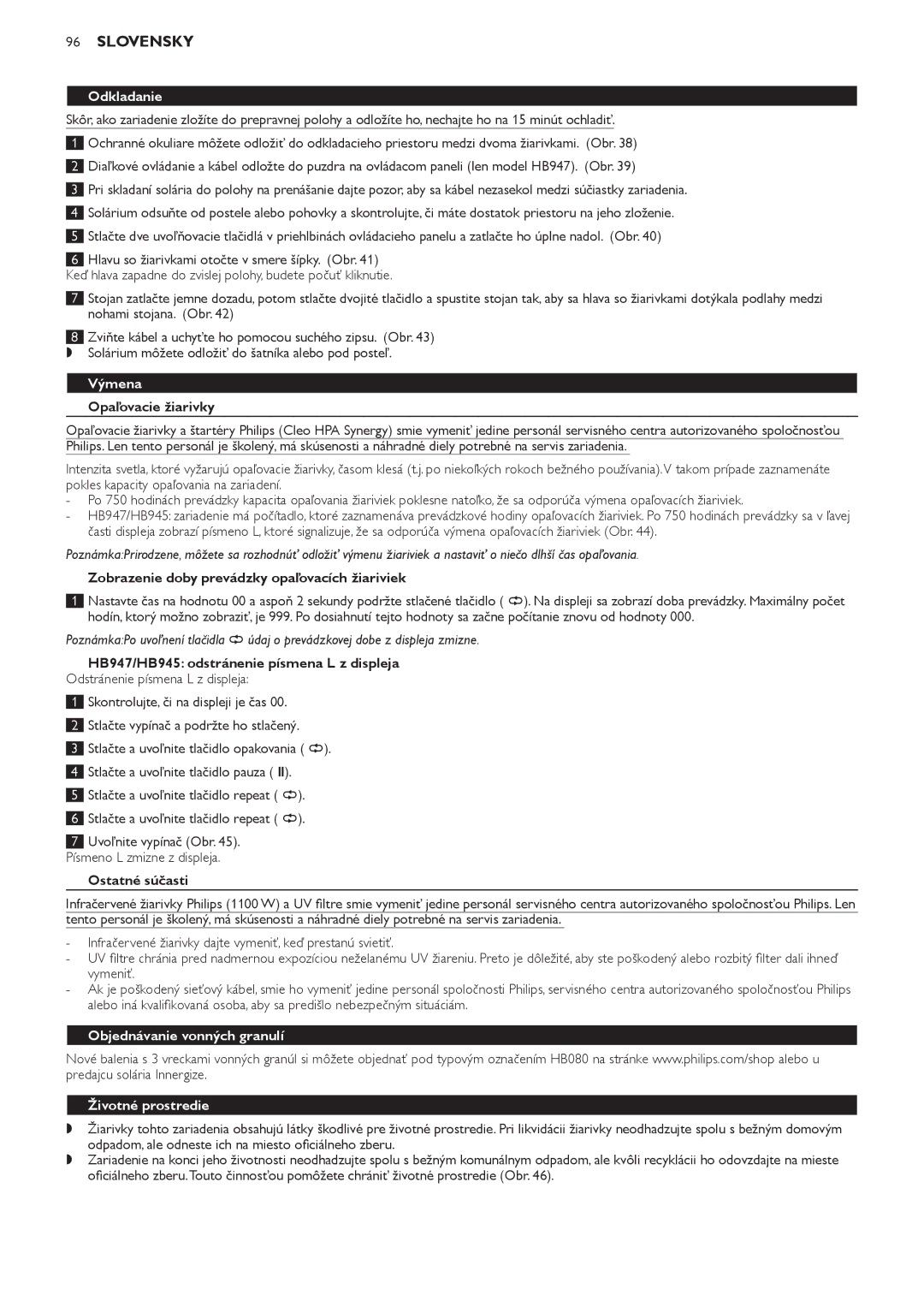 Philips HB947, HB945, HB933 manual Odkladanie, Výmena, Objednávanie vonných granulí, Životné prostredie 