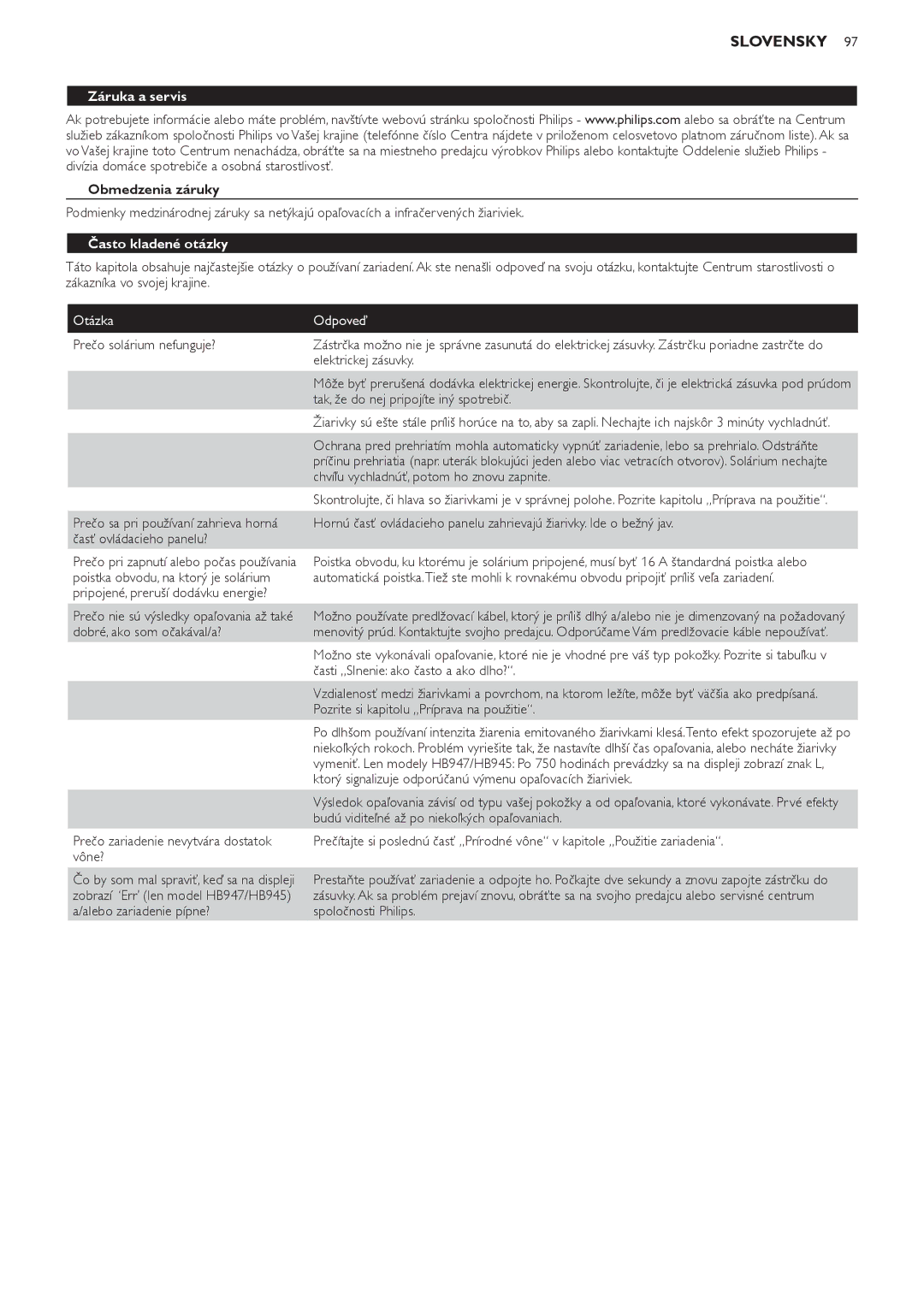 Philips HB947, HB945, HB933 manual Obmedzenia záruky, Často kladené otázky, Otázka Odpoveď 